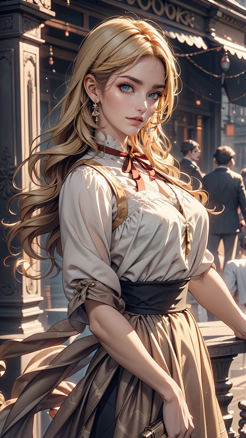 London、British lady high waist skirt、British woman in vest and high-necked ribbon blouse、White、Blonde、blue eyes、Wavy hair、Smile