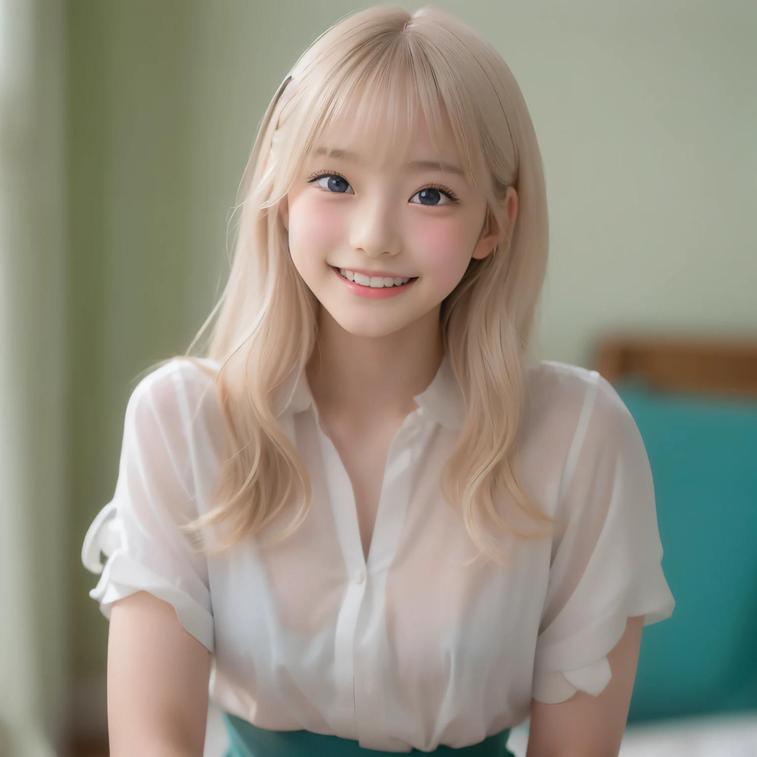 ((sfw: 1.4)), (( detailed face, cute face, detailed face,  professional photography)), (((arms down) , (hands down) , master piece , best quality , highly detailed , standing , blouse, skirt , bangs ,( grin smile : 1.2), room , indoor)), (( Shiny platinum blonde silk hair, beautiful shiny bangs, big clear sky blue eyes, very beautiful bright eye highlights, 1 Girl)), Ultra High Resolution, (Realistic: 1.4), RAW Photo, Best Quality, (Photorealistic Stick), Focus, Soft Light, ((15 years old)), (( (young face))), (surface), (depth of field), masterpiece, (realistic), woman, bangs, ((1 girl))