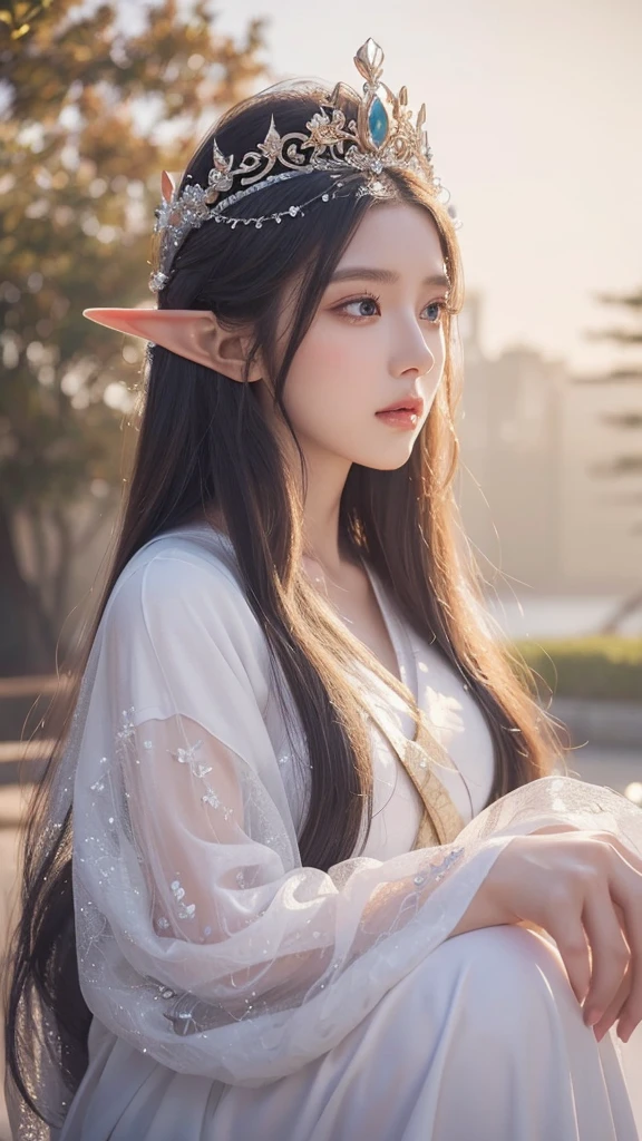 a close up of a woman with long hair wearing a white dress, a beautiful fantasy empress, beautiful and elegant elf queen, ((a beautiful fantasy empress)), palace ， a girl in hanfu, beautiful elven princess, beautiful character painting, ethereal beauty, beautiful anime portrait, 8k high quality detailed art, fantasy art style, beautiful anime girl, beautiful fantasy maiden
