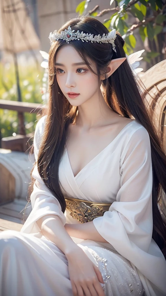 a close up of a woman with long hair wearing a white dress, a beautiful fantasy empress, beautiful and elegant elf queen, ((a beautiful fantasy empress)), palace , a girl in hanfu, beautiful elven princess, beautiful character painting, ethereal beauty, beautiful anime portrait, 8k high quality detailed art, fantasy art style, beautiful anime girl, beautiful fantasy maiden