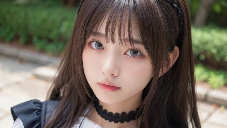 (Long Hair, bangs:1.2),(Wearing Gothic Lolita clothes:1.2),1 girl,Japanese,21 years old,(Small breasts:1.3),(highest quality,masterpiece:1.3,超A high resolution,),(Ultra-detailed,Caustics),(Photorealistic:1.4,RAW shooting,)Ultra-Realistic Capture,Very detailed,High resolution 16K human skin close-up。 Natural skin texture、,Pores、、It needs to be detailed enough to be easily identifiable。 Skin should be even-toned and healthy looking。 Use natural light and colour, Sad expression, Looking at the camera, Perfect dynamic composition, Outdoor