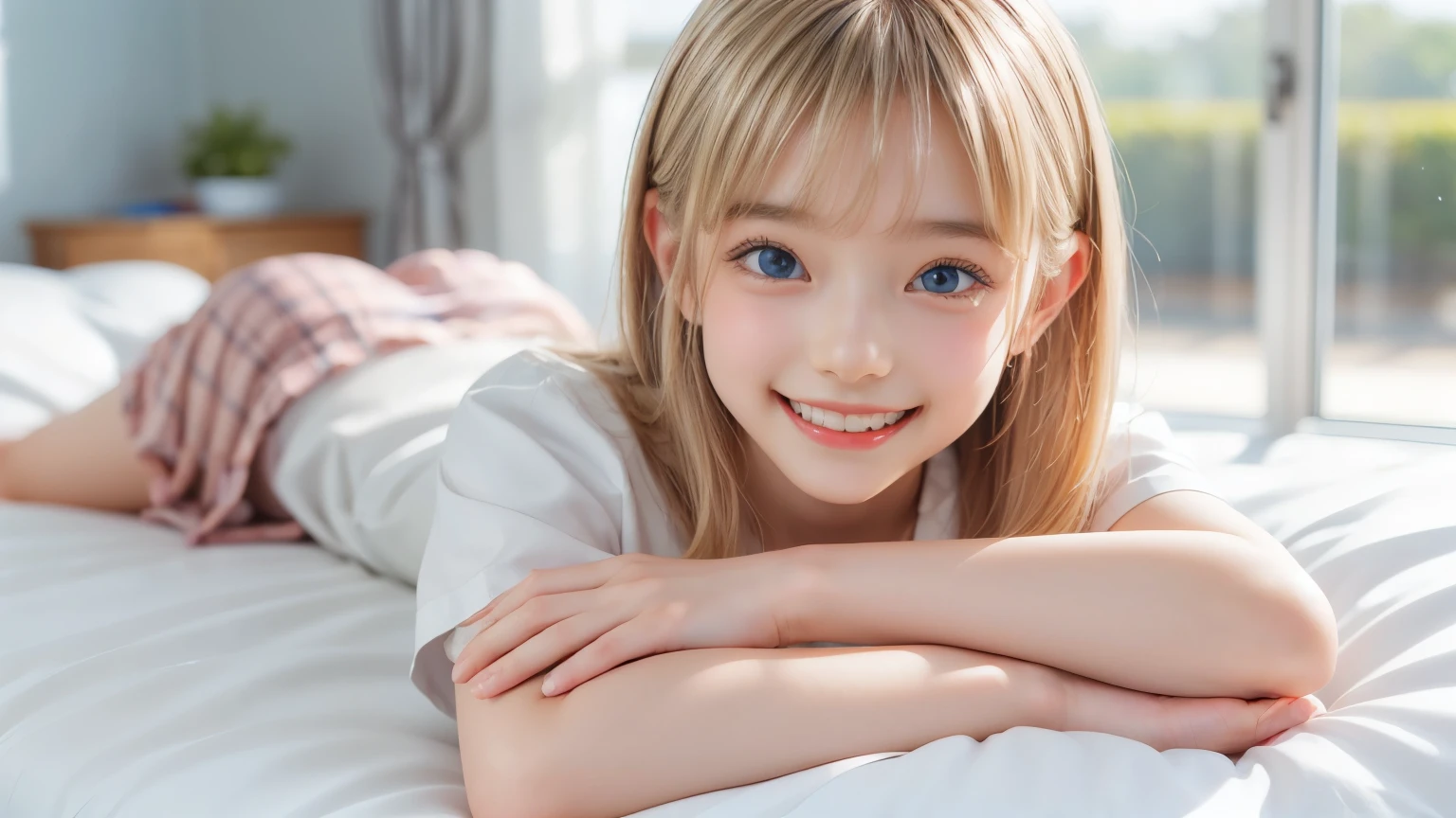 ((sfw: 1.4)), (( detailed face, cute face, detailed face,  professional photography)), (((arms down) , (hands down) , master piece , best quality , highly detailed , standing , blouse, skirt , bangs ,( grin smile : 1.2), room , indoor)), (( Shiny platinum blonde silk hair, beautiful shiny bangs, big clear sky blue eyes, very beautiful bright eye highlights, 1 Girl)), Ultra High Resolution, (Realistic: 1.4), RAW Photo, Best Quality, (Photorealistic Stick), Focus, Soft Light, (()), (( (young face))), (surface), (depth of field), masterpiece, (realistic), woman, bangs, ((1 girl))