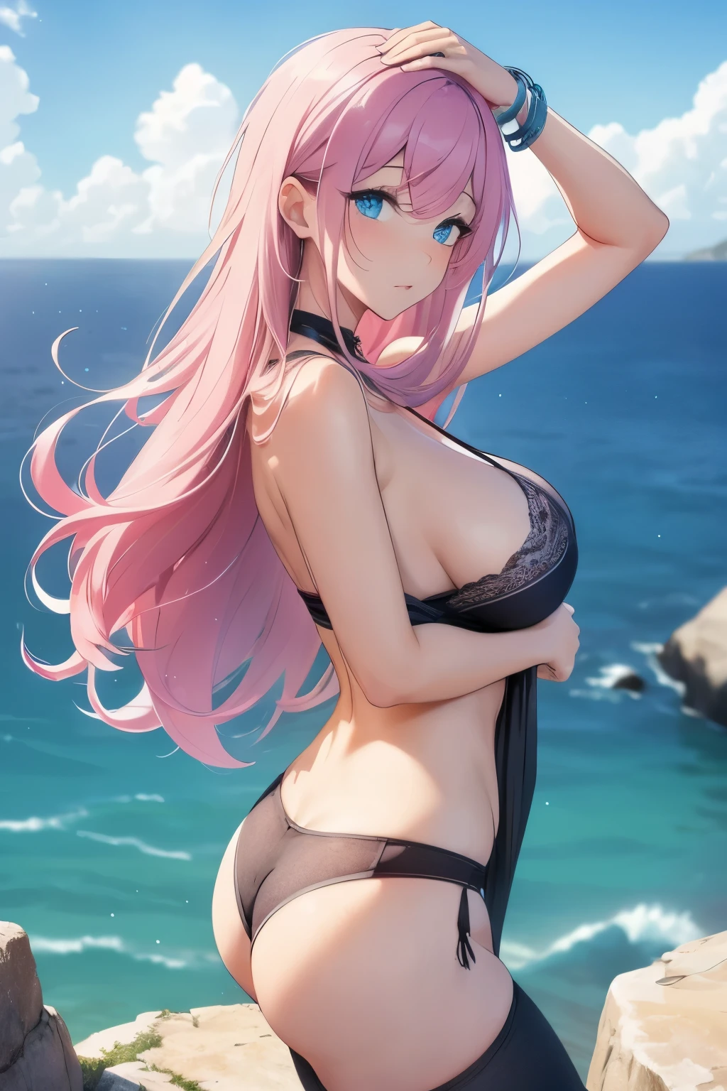 Beautiful girl 18 years old big beautiful blue eyes beautiful athletic figure 3 size breasts big hips long legs toned butt standing on a rock ledge beautiful sea view top quality 8k with long beautiful pink hair deep cleavage on her arm black bracelet