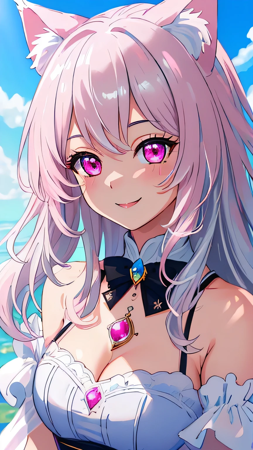 master piece,best quality,ultra detailed,highres,4k.8k,Highly detailed face,ultra-detailed eyes,beautiful detailed eyes,Medium chest,pretty girl,smile,Cat ear,Beautiful silver hair,Pink inside,Beautiful pink eyes,from front,jumping,smile,happy,blue clear sky,