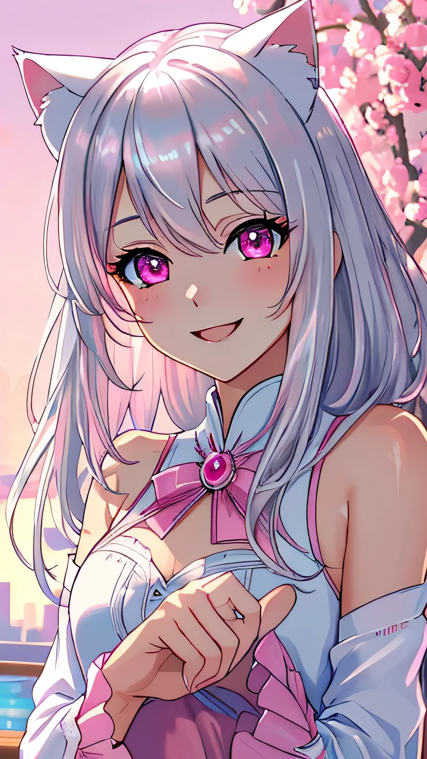 master piece,best quality,ultra detailed,highres,4k.8k,Highly detailed face,ultra-detailed eyes,beautiful detailed eyes,Medium chest,pretty girl,smile,Cat ear,Beautiful silver hair,Pink inside,Beautiful pink eyes,from front,jumping,smile,happy,blue clear sky,