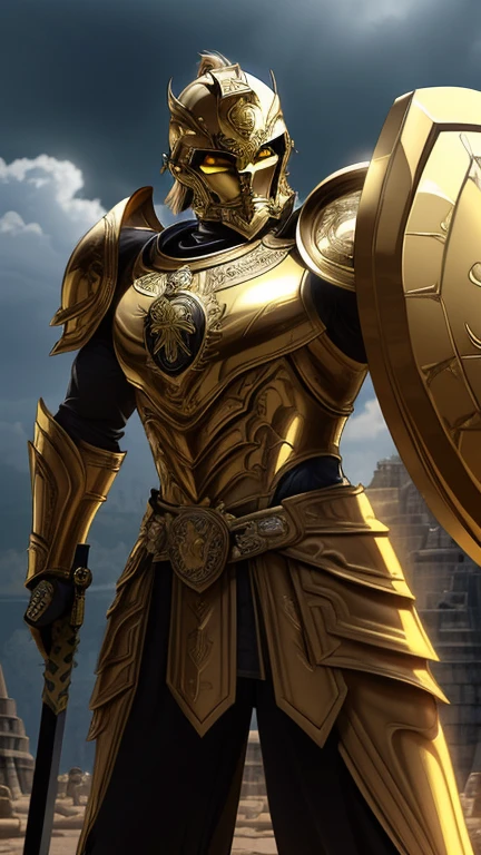 a highly detailed portrait of a muscular man wearing a golden suit of armor, holding a shield and sword, with glowing yellow eyes and a spartan helmet, standing in the ruins of the Borobudur temple, (best quality,4k,8k,highres,masterpiece:1.2),ultra-detailed,(realistic,photorealistic,photo-realistic:1.37),male focus,full body,giant,dramatic lighting,cinematic composition,ancient ruins,borobudur temple,spartan helmet,shield,sword,glowing eyes,yellow eyes,glowing from below