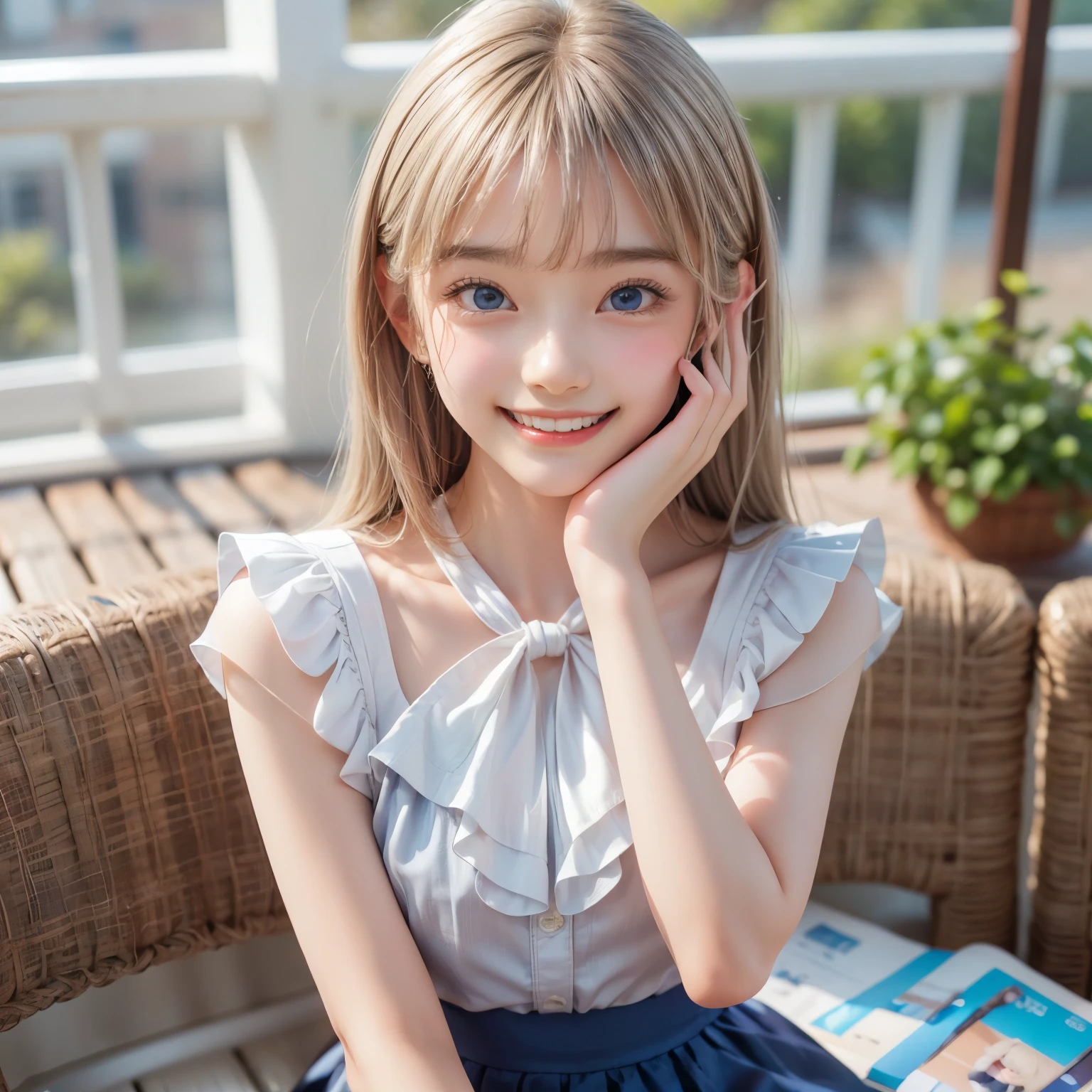 ((sfw: 1.4)), (( detailed face, cute face, detailed face, professional photography)), (((arms down) , (hands down) , master piece , best quality , highly detailed , standing , blouse, skirt , bangs ,( grin smile : 1.2), room , indoor)), (( Shiny platinum blonde silk hair, beautiful shiny bangs, big clear sky blue eyes, very beautiful bright eye highlights, 1 Girl)), Ultra High Resolution, (Realistic: 1.4), RAW Photo, Best Quality, (Photorealistic Stick), Focus, Soft Light, ((15 years old)), (( (young face))), (surface), (depth of field), masterpiece, (realistic), woman, bangs, ((1 girl))