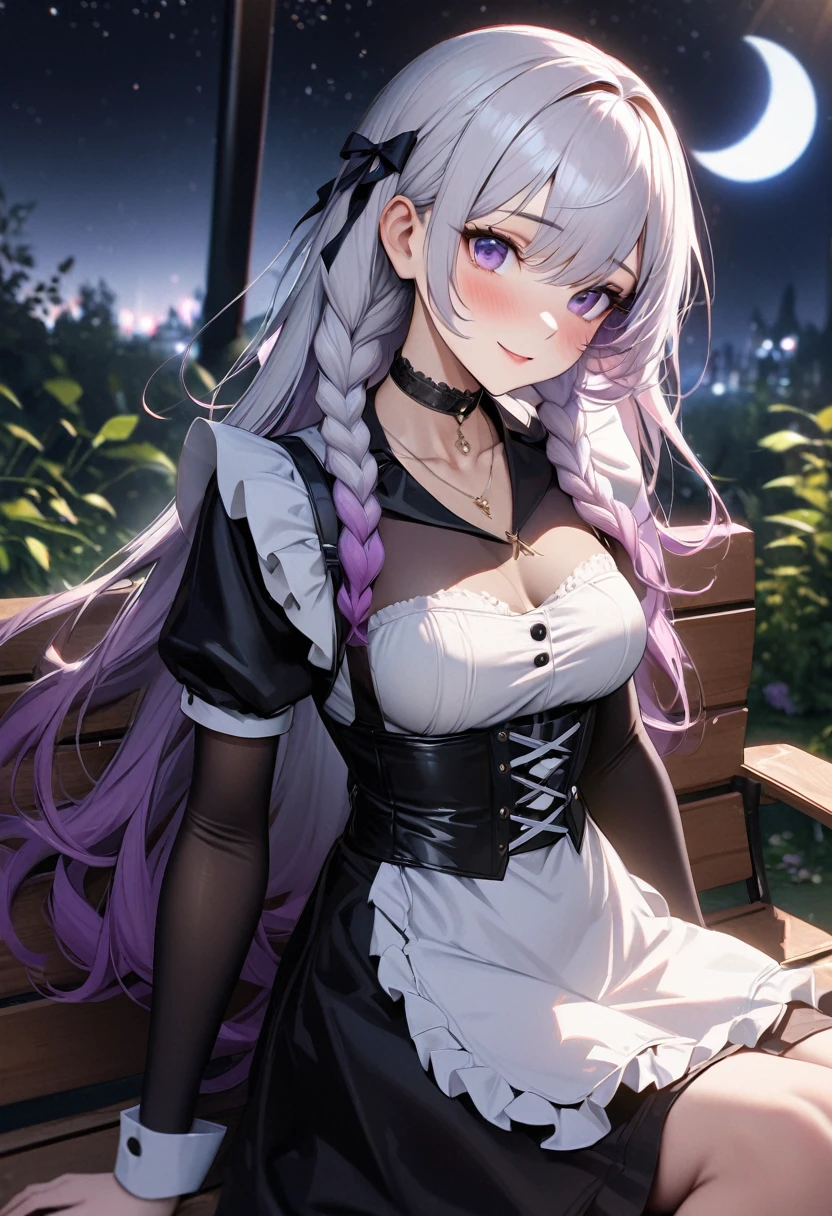 high resolution, 8K, masterpiece, Soft Light, Tempting, Sexy, 1 Girl, yinji, purple hair, purple eyes, long hair, white hair, double braids, gradient hair, looking at the audience, Medium breasts, Exquisite maid dress, white maid apron, Layered clothes, Puff sleeves, Black leather choker, (Doll joints), Sitting on a bench, outdoor, garden, moon, Starry Sky