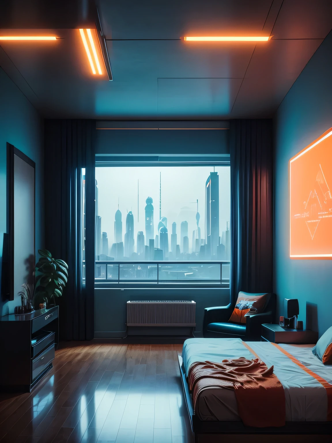 cyberpunk, apartment, bedroom, blue and orange tones, gloomy, ((retrofuturism)), realism, wide frame, high quality, masterpiece