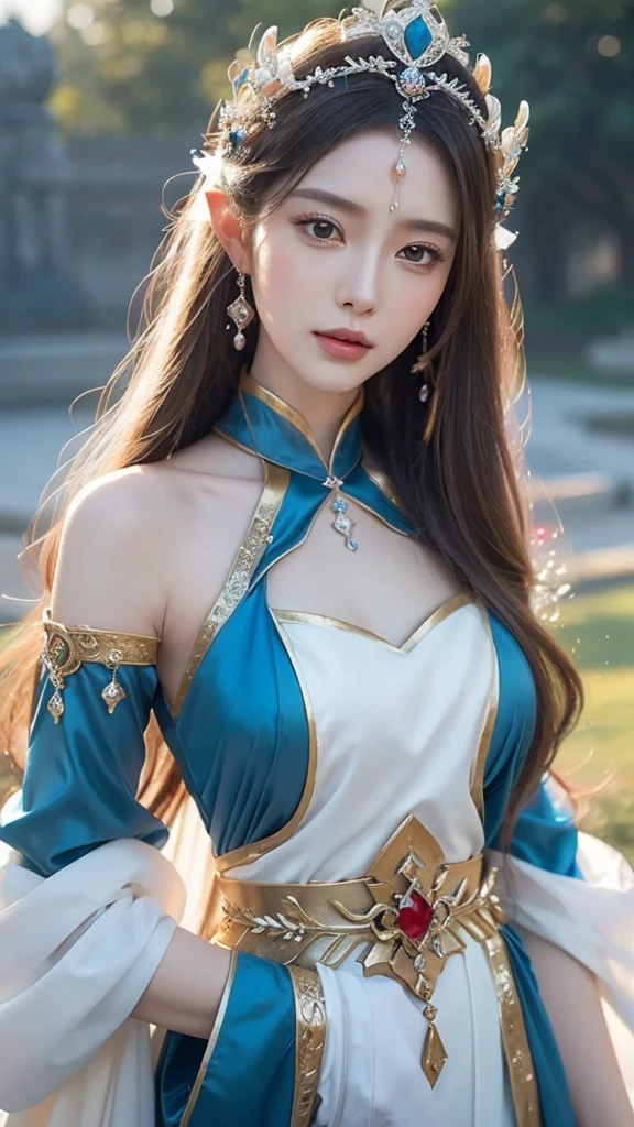 a close up of a woman with long hair wearing a white dress, a beautiful fantasy empress, beautiful and elegant elf queen, ((a beautiful fantasy empress)), palace ， a girl in hanfu, beautiful elven princess, beautiful character painting, ethereal beauty, beautiful anime portrait, 8k high quality detailed art, fantasy art style, beautiful anime girl, beautiful fantasy maiden