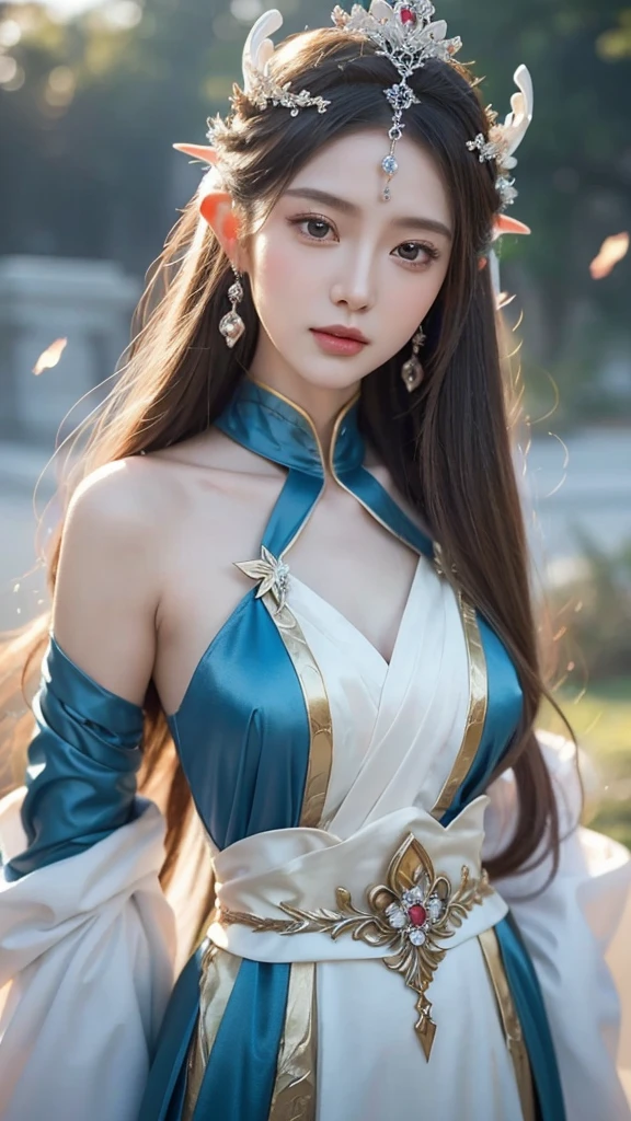 a close up of a woman with long hair wearing a white dress, a beautiful fantasy empress, beautiful and elegant elf queen, ((a beautiful fantasy empress)), palace , a girl in hanfu, beautiful elven princess, beautiful character painting, ethereal beauty, beautiful anime portrait, 8k high quality detailed art, fantasy art style, beautiful anime girl, beautiful fantasy maiden