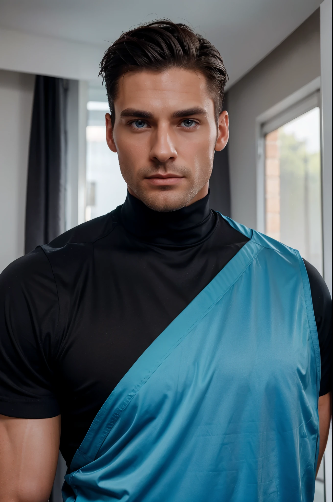 nice and tall male fitness influencer with dark hair, blue eyes, attractive look, attractive face, masculine face, 30 years old
