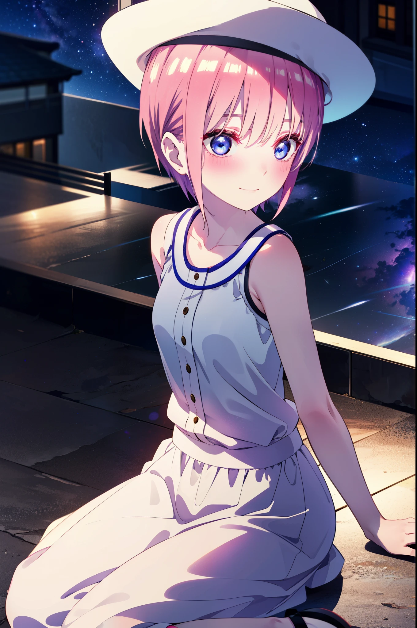 ichikanakano, ichika nakano, short hair, bangs, blue eyes, Hair between the eyes, Pink Hair, Big white hat,smile,Sleeveless white dress,Bare arms,White long skirt,Cute heeled sandals,whole bodyがイラストに入るように,Looking down from above,walk,moonlight,night,ロマンチックなnight景,Starry Sky,shooting star,Looking down from above,look up, aerial photograph, night中, Starry Sky, shooting star, Beautiful sky, octance, Realistic lighting and shadows ,
break outdoors, hill,
break looking at viewer, whole body,
break (masterpiece:1.2), highest quality, High resolution, unity 8k wallpaper, (shape:0.8), (Beautiful details:1.6), Highly detailed face, Perfect lighting, Highly detailed CG, (Perfect hands, Perfect Anatomy),