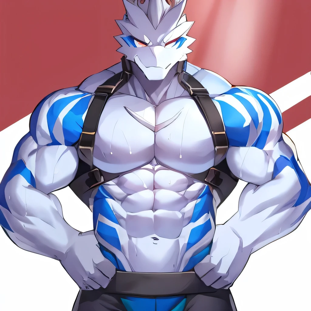 Thin macho white dragon abs Hollow abs thick arms chest rig 、sweaty skin glow profile Wearily short of breath clenching one's back teeth Knees on the floor rubber suit jacket