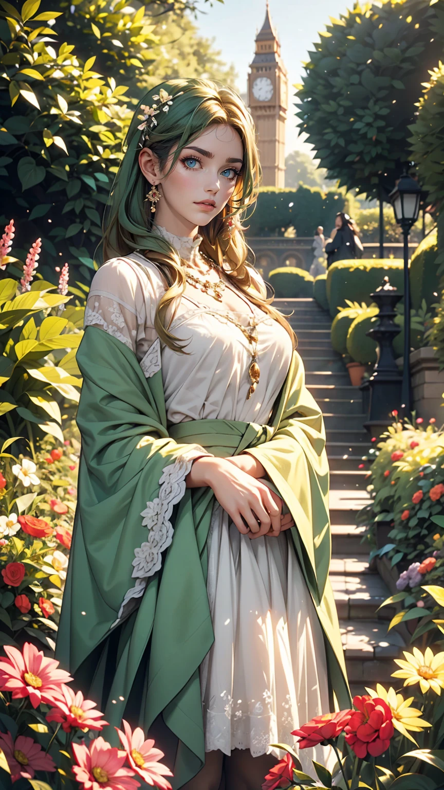 London suburbs、English Garden、A British deep green lady's vertical striped jumper skirt、British woman in a high-neck ribbon blouse、White、Blonde、blue eyes、Wavy hair、Smile
