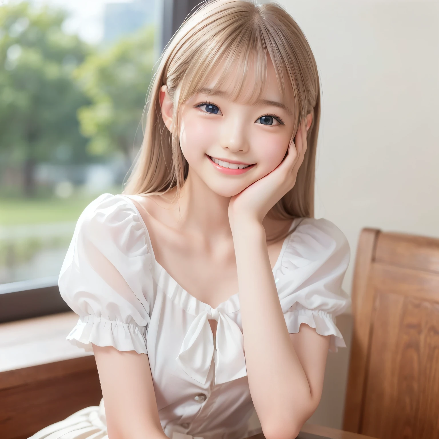 ((sfw: 1.4)), (( detailed face, cute face, detailed face, professional photography)), (((arms down) , (hands down) , master piece , best quality , highly detailed , standing , blouse, skirt , bangs ,( grin smile : 1.2), room , indoor)), (( Shiny platinum blonde silk hair, beautiful shiny bangs, big clear sky blue eyes, very beautiful bright eye highlights, 1 Girl)), Ultra High Resolution, (Realistic: 1.4), RAW Photo, Best Quality, (Photorealistic Stick), Focus, Soft Light, (()), (( (young face))), (surface), (depth of field), masterpiece, (realistic), woman, bangs, ((1 girl))