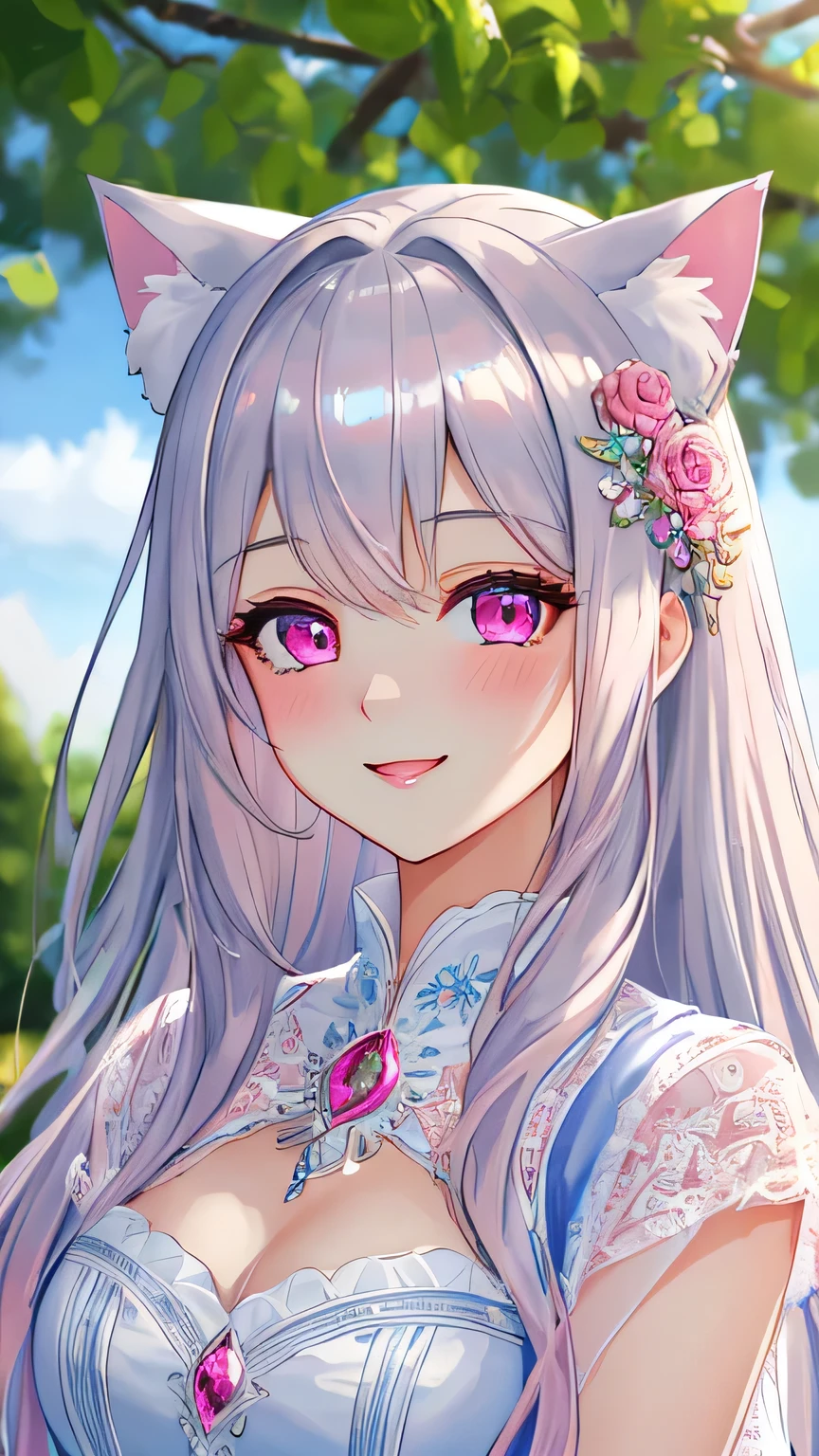master piece,best quality,ultra detailed,highres,4k.8k,Highly detailed face,ultra-detailed eyes,beautiful detailed eyes,Medium chest,pretty girl,smile,Cat ear,Beautiful silver hair,Pink inside,Beautiful pink eyes,look at viewer,,jumping,smile,happy,blue clear sky,
