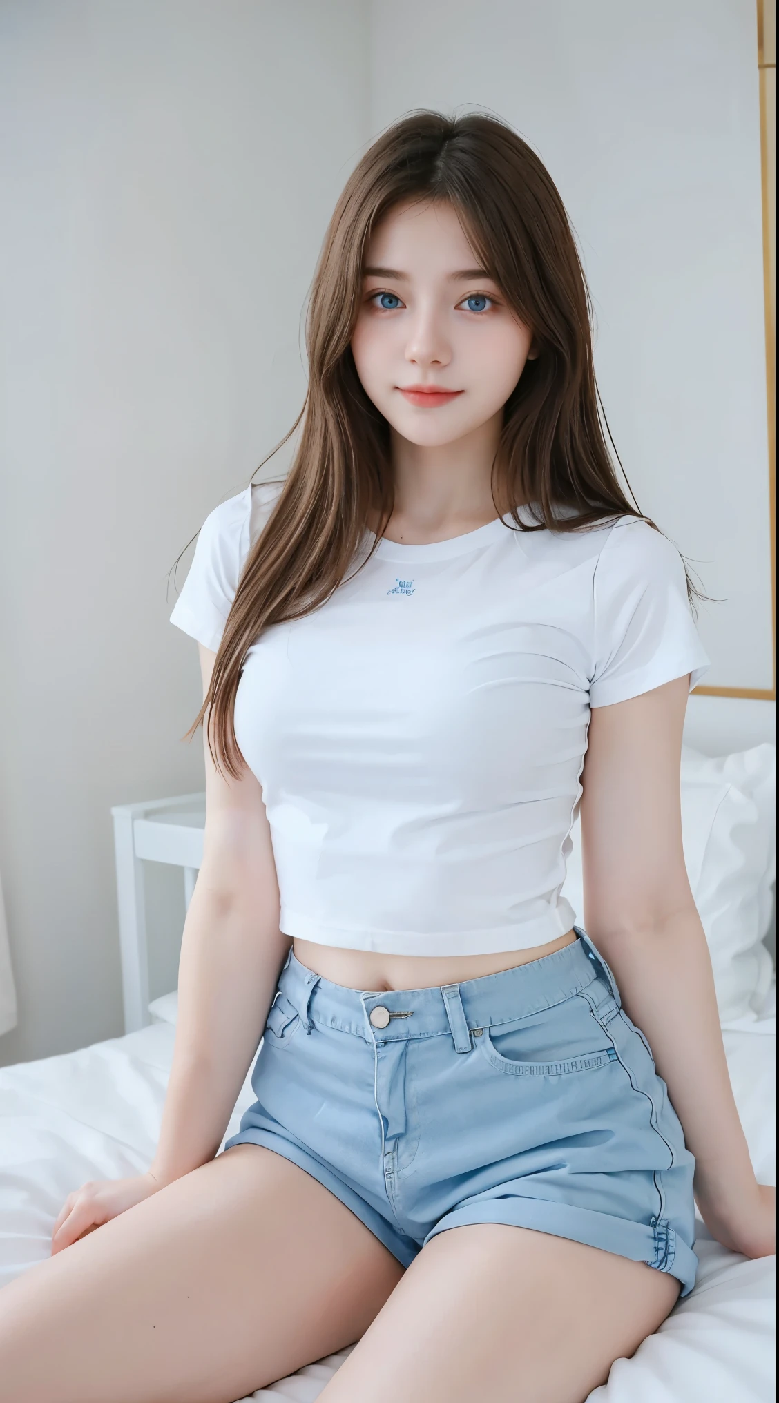 Gorgeus Girl, Beautiful, Baby Face, 20 Years Old, White Skin, Beside, Sexy Pose, white t-shirt, Blue Eye, Bokeh, bedroom Background, Masterpiece, Fullbody Shot, short pants,