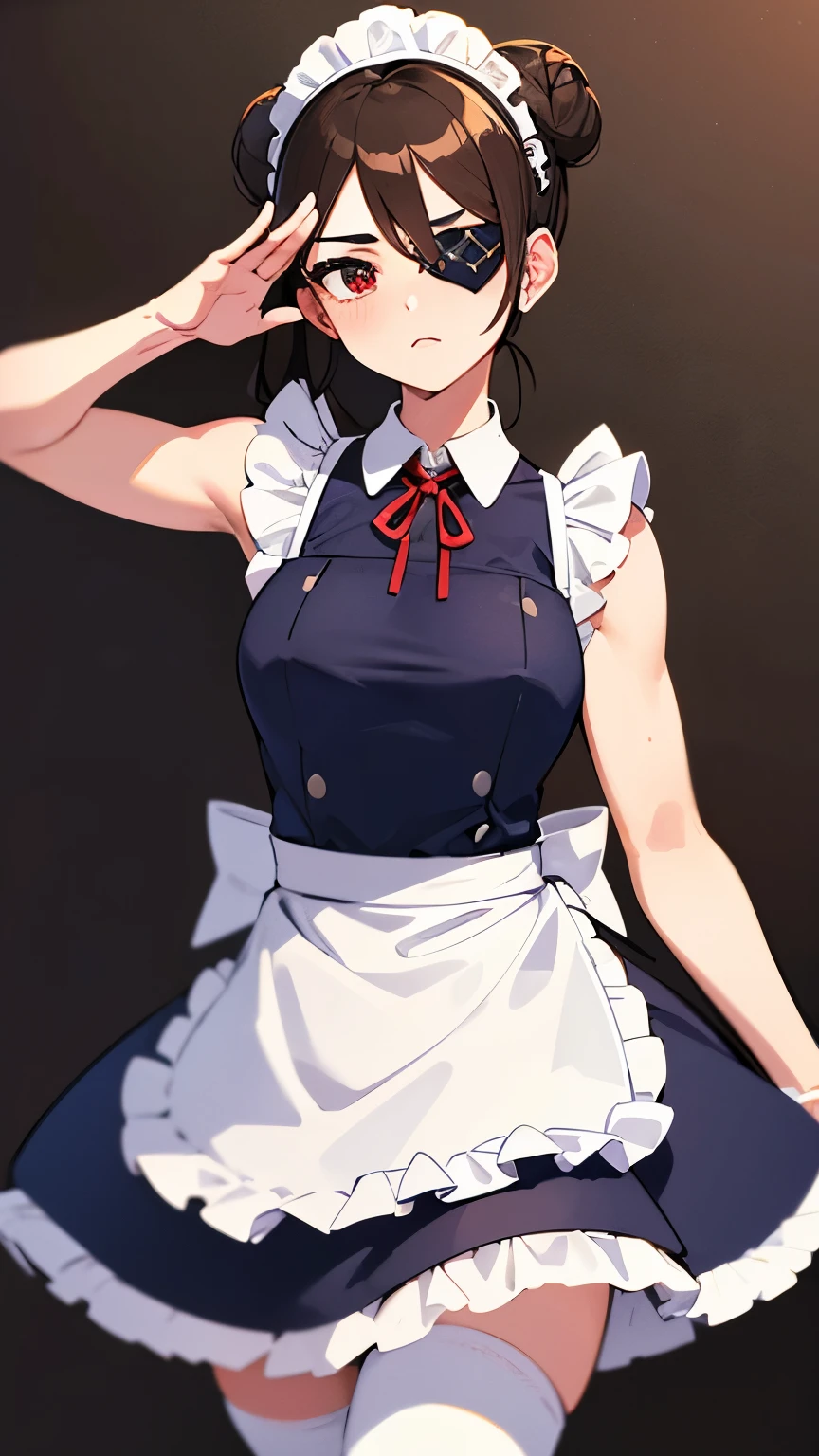 best quality, super fine, 16k, incredibly absurdres, extremely detailed, delicate and dynamic, (black eye patch on right eye:1.2), muscular beautiful maid, brown single hair bun, navy blue maid outfit, abs, white apron, white tights, salute, red ribbon around neck