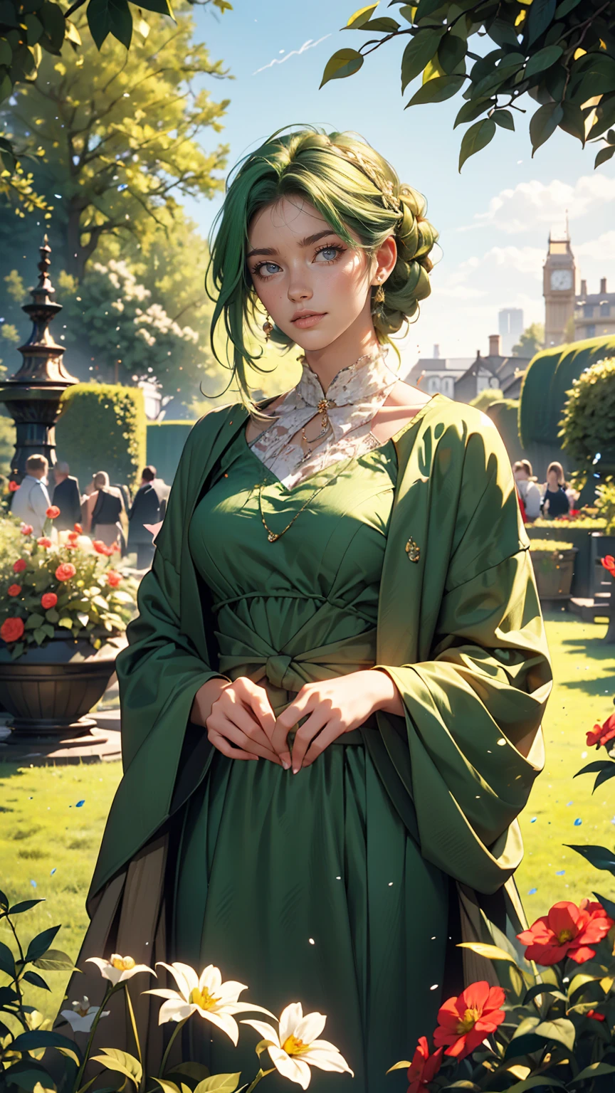 London suburbs、English Garden、A British deep green lady's vertical striped jumper skirt、British woman in a high-neck ribbon blouse、White、Blonde、blue eyes、Wavy hair、Smile