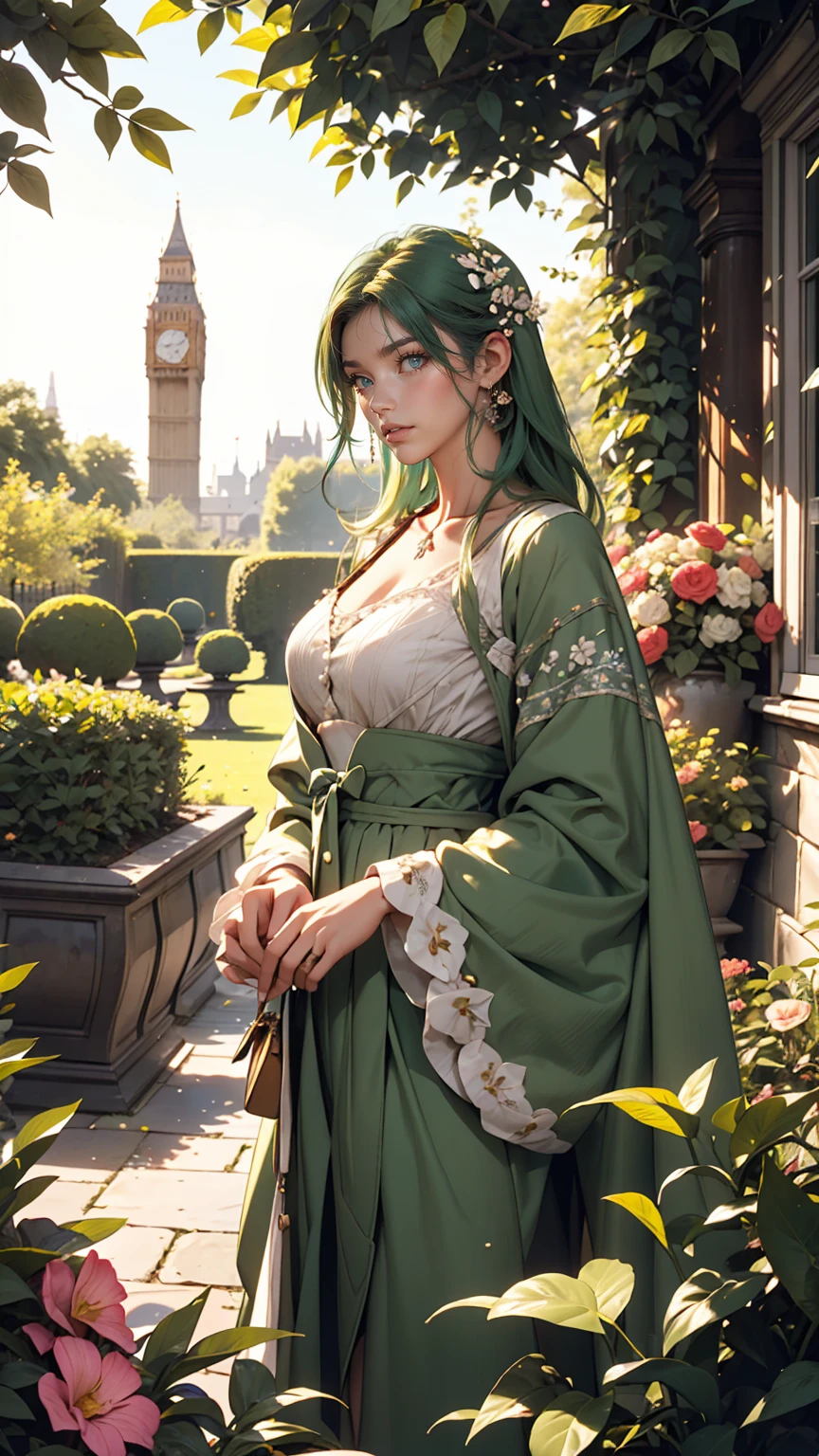 London suburbs、English Garden、A British deep green lady's vertical striped jumper skirt、British woman in a high-neck ribbon blouse、White、Blonde、blue eyes、Wavy hair、Smile