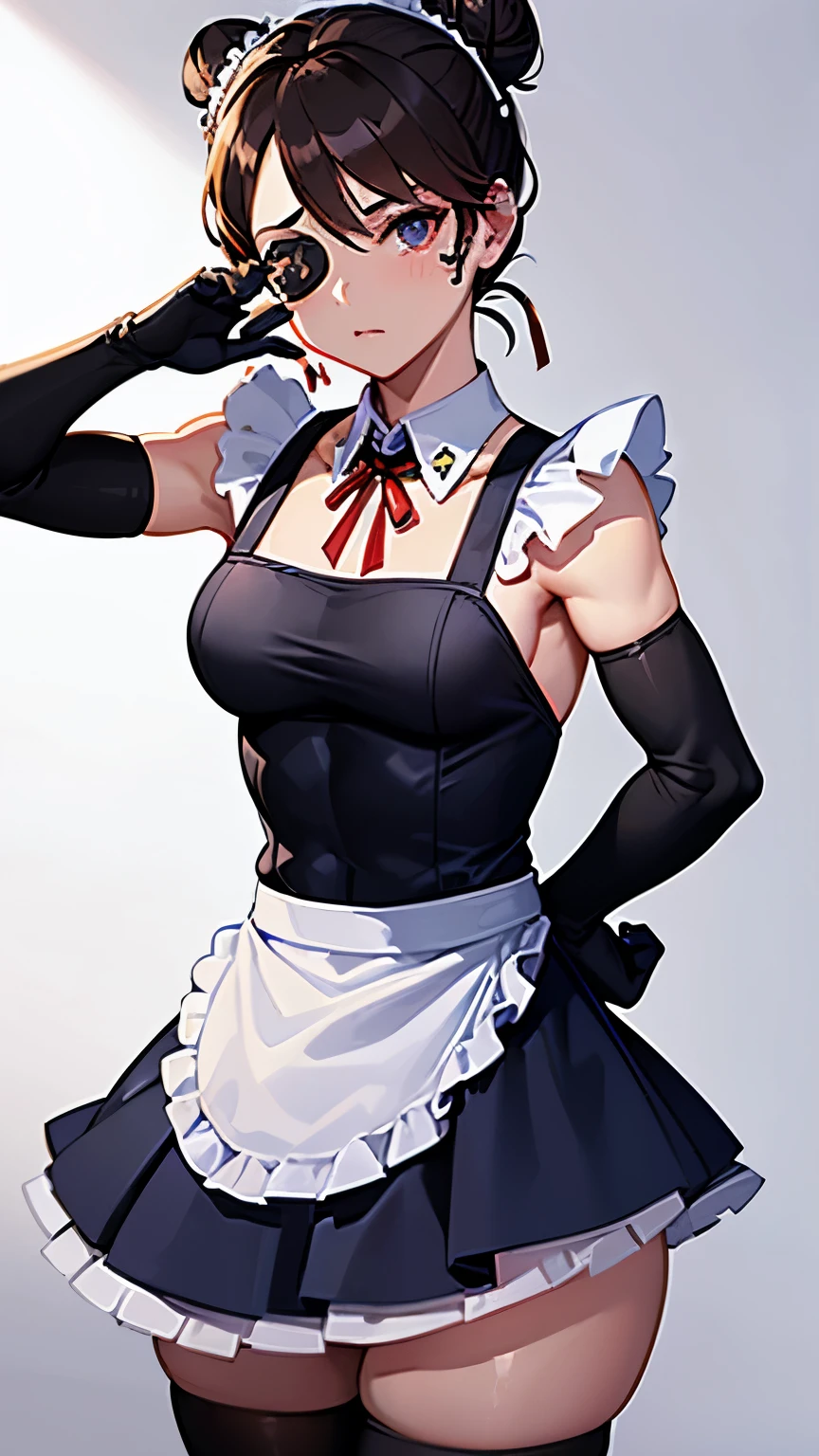 best quality, super fine, 16k, incredibly absurdres, extremely detailed, delicate and dynamic, (black eye patch on right eye:1.2), muscular beautiful maid, brown single hair bun, navy blue maid outfit, abs, white apron, white tights, salute, red ribbon around neck