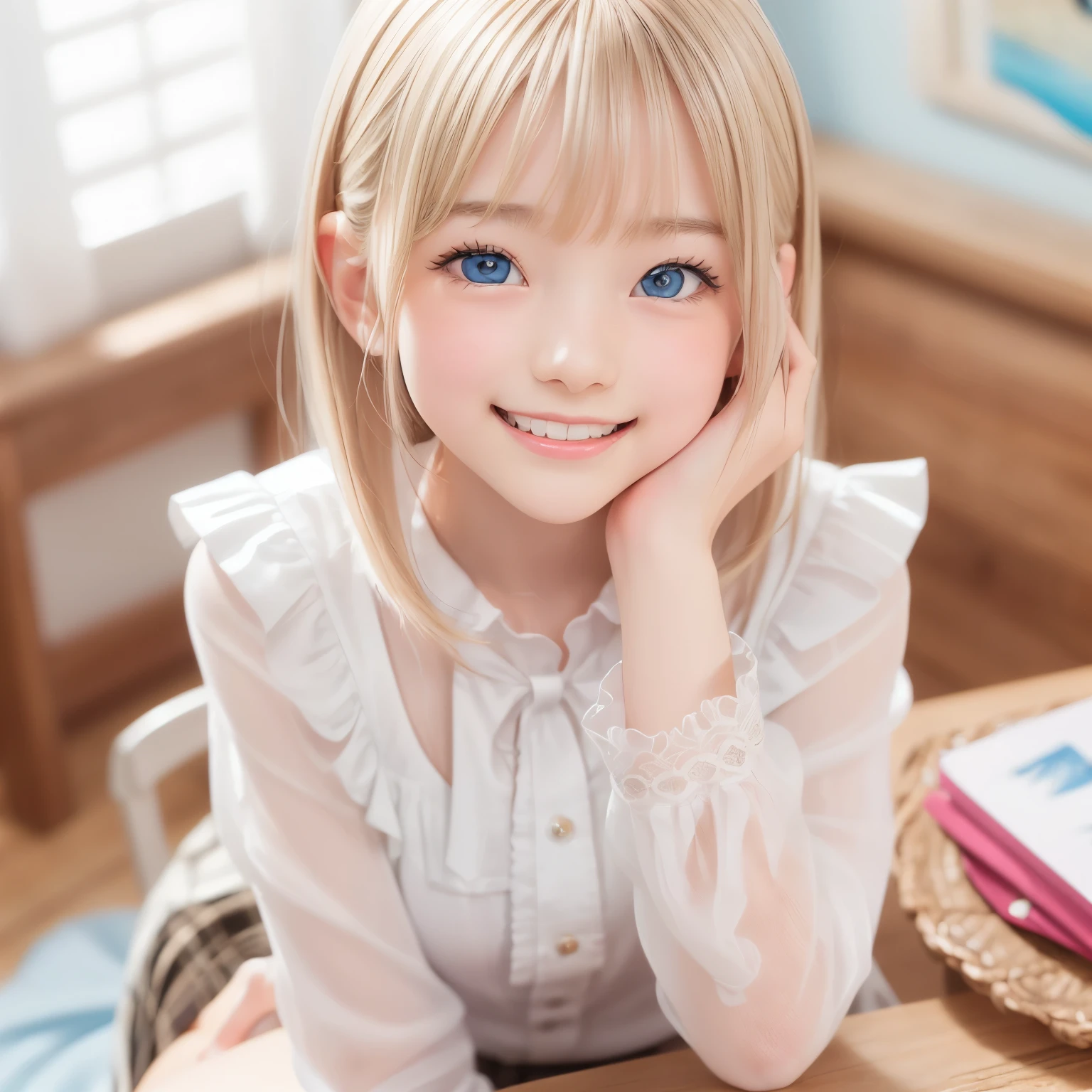 ((sfw: 1.4)), (( detailed face, cute face, detailed face, professional photography)), (((arms down) , (hands down) , master piece , best quality , highly detailed , standing , blouse, skirt , bangs ,( laugh smile : 1.2), room , indoor)), (( Shiny platinum blonde silk hair, beautiful shiny bangs, big clear sky blue eyes, very beautiful bright eye highlights, 1 Girl)), Ultra High Resolution, (Realistic: 1.4), RAW Photo, Best Quality, (Photorealistic Stick), Focus, Soft Light, (()), (( (young face))), (surface), (depth of field), masterpiece, (realistic), woman, bangs, ((1 girl))