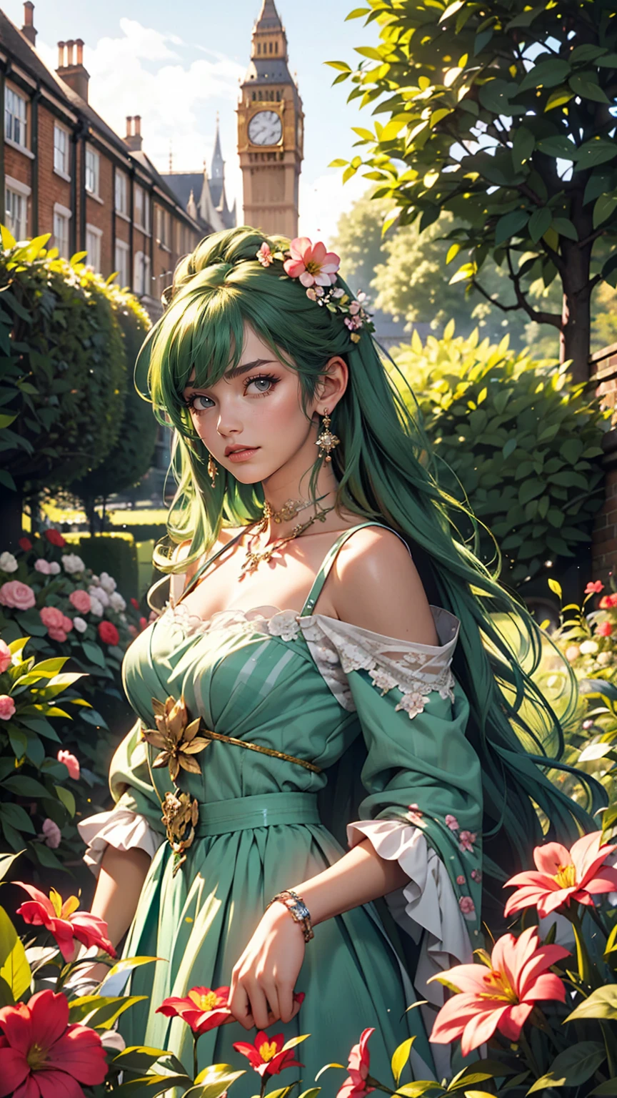 London suburbs、English Garden、A British deep green lady's vertical striped jumper skirt、British woman in a high-neck ribbon blouse、White、Blonde、blue eyes、Wavy hair、Smile