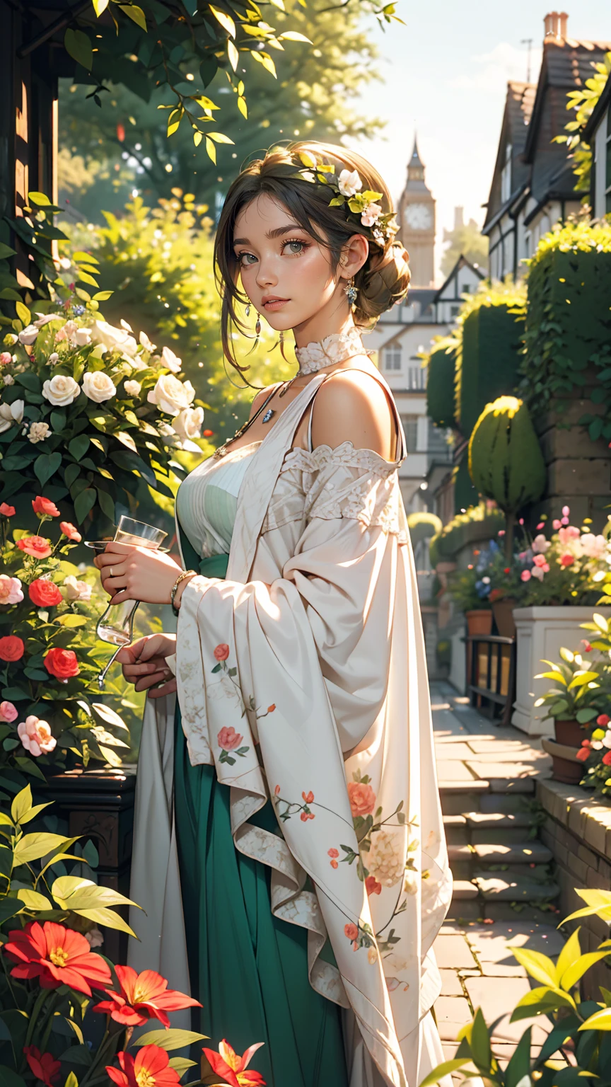 London suburbs、English Garden、A British deep green lady&#39;s vertical striped jumper skirt、British woman in a high-neck ribbon blouse、White、Blonde、blue eyes、Wavy hair、Smile