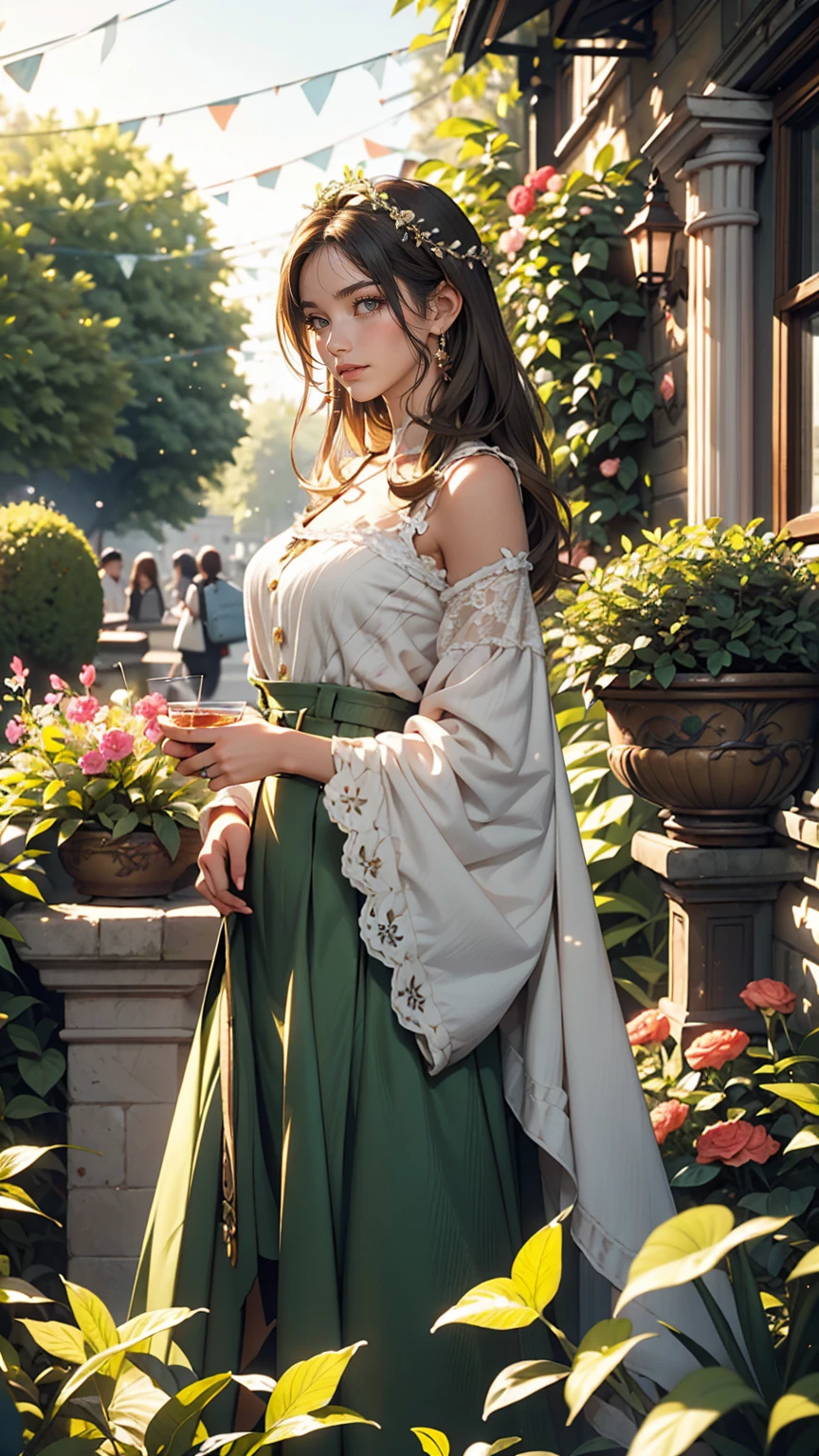 London suburbs、English Garden、A British deep green lady&#39;s vertical striped jumper skirt、British woman in a high-neck ribbon blouse、White、Blonde、blue eyes、Wavy hair、Smile