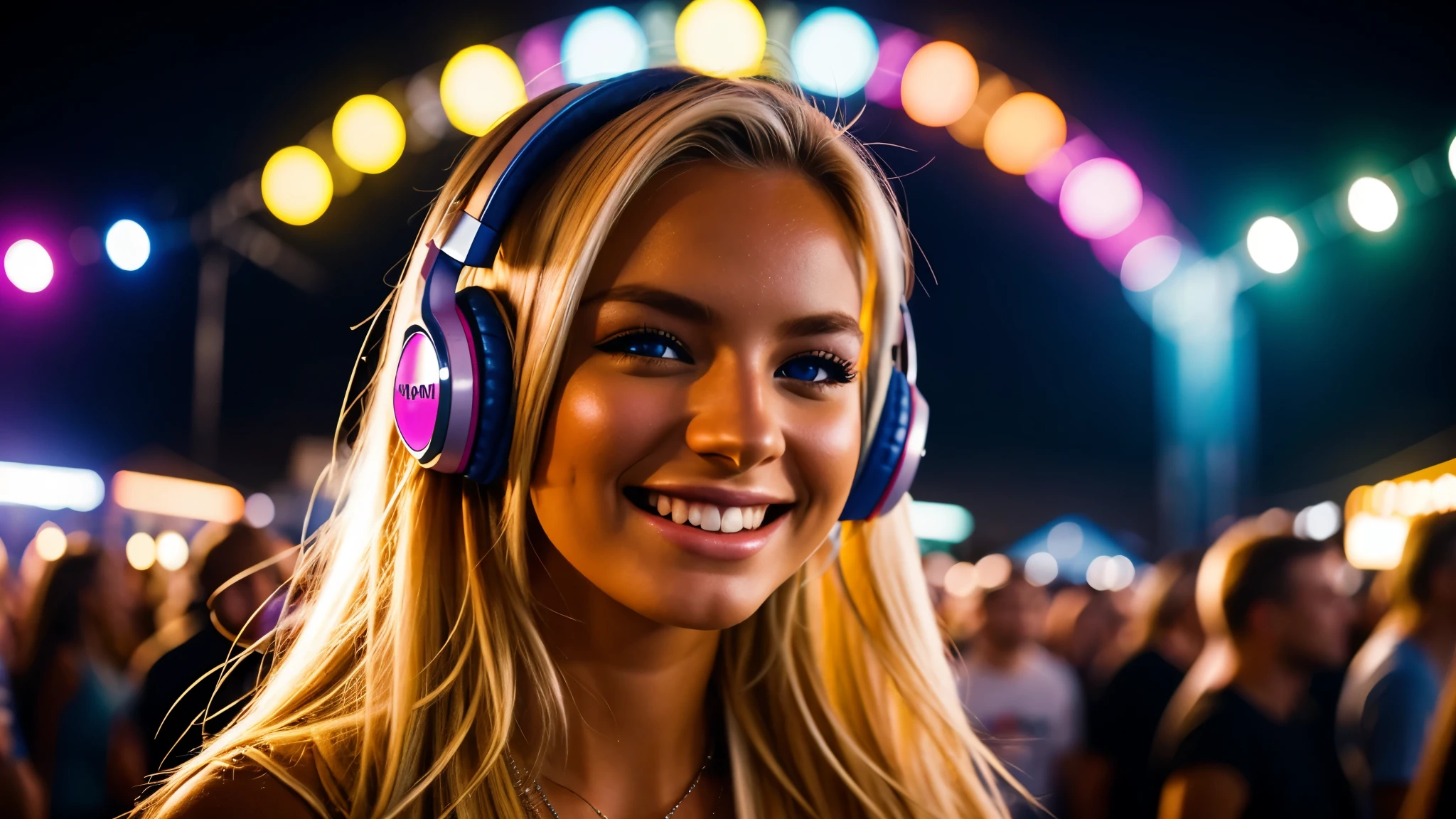 blond model on a festival beatiful colours with headphones, cinematic bokey, high quality smiling, at night, with awesome light effects