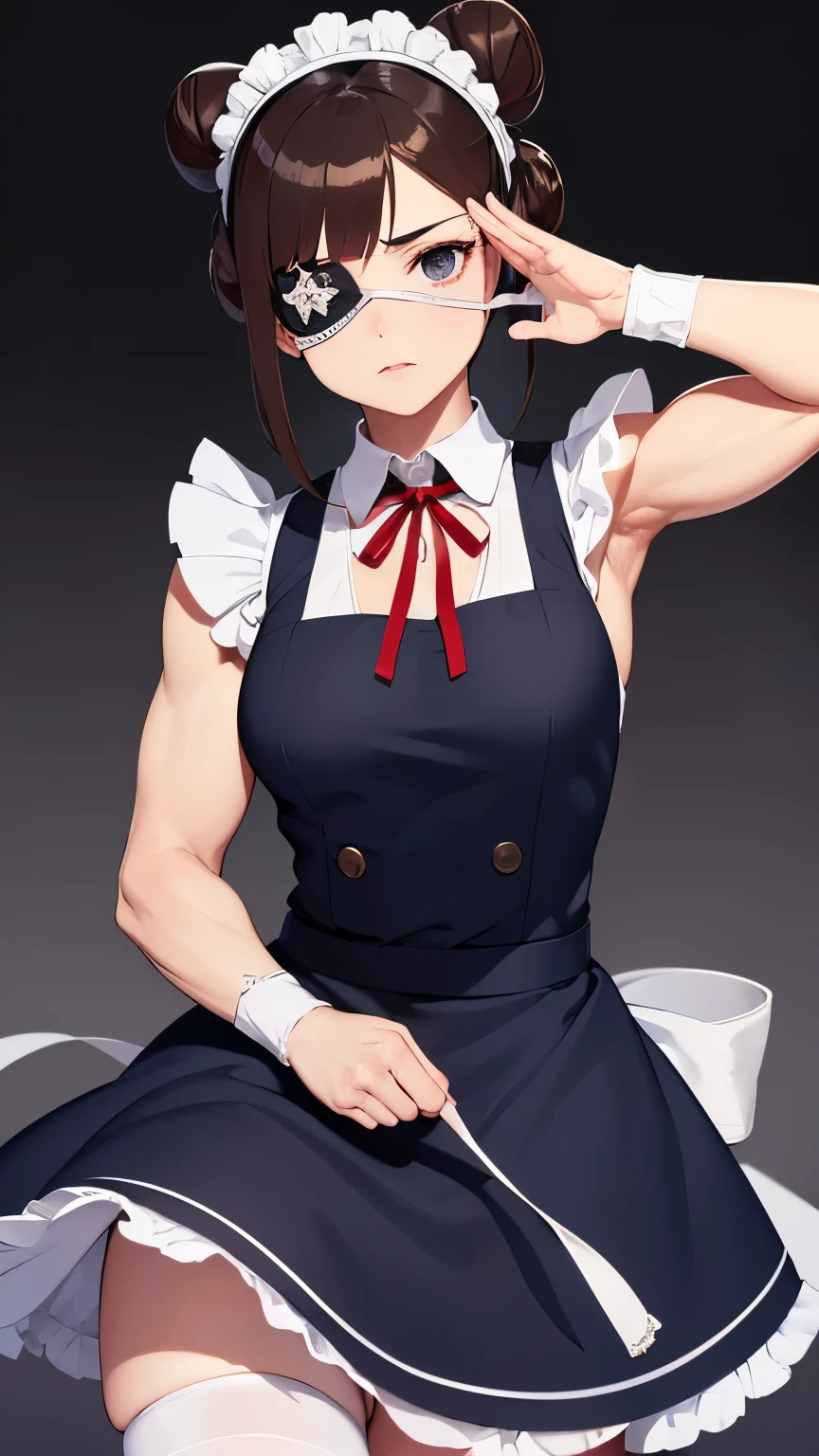 best quality, super fine, 16k, incredibly absurdres, extremely detailed, delicate and dynamic, (black eye patch on right eye:1.2), muscular beautiful maid, brown single hair bun, navy blue maid outfit, abs, white apron, white tights, salute, red ribbon around neck