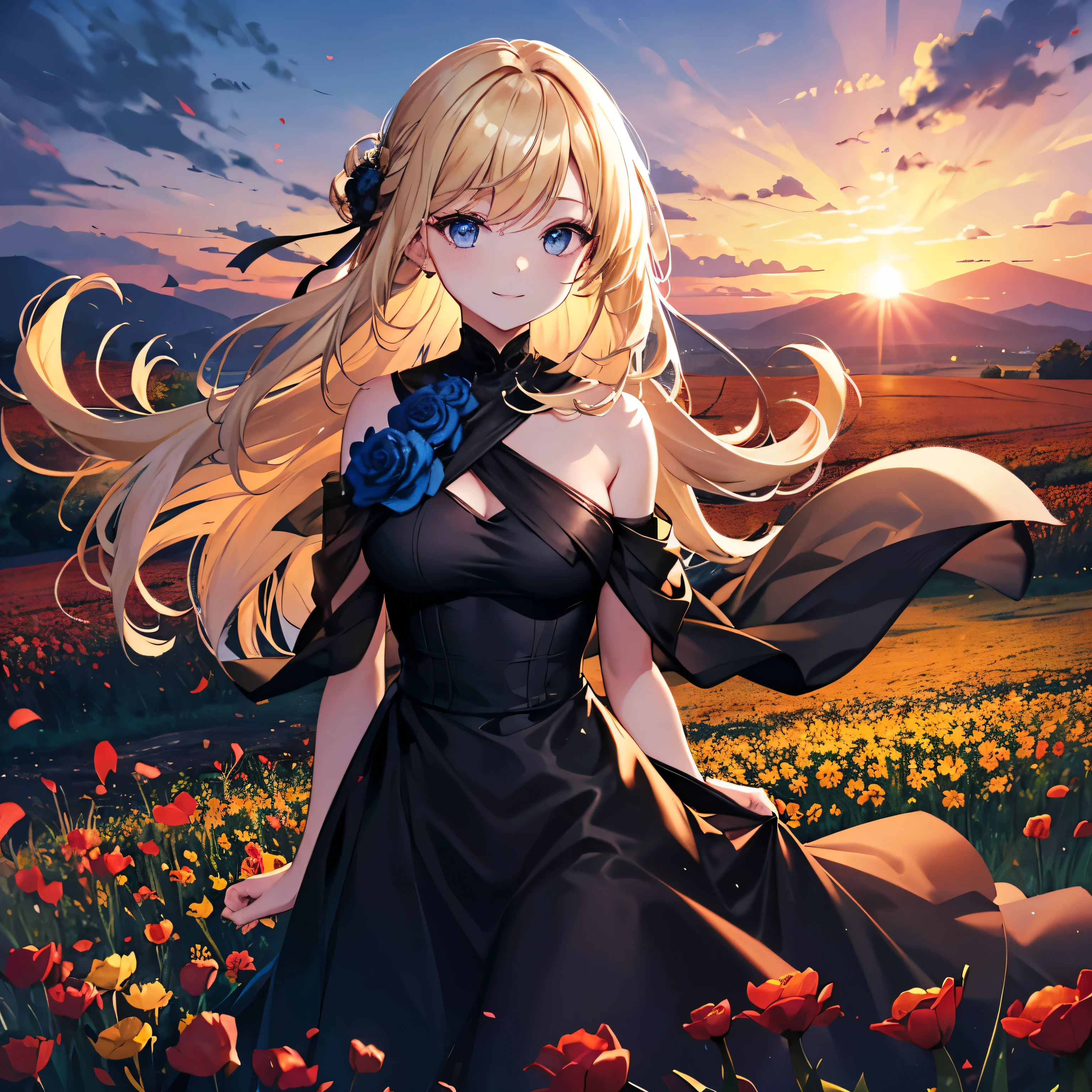 A woman, beautiful black dress, sunset, shoulders, outside, flower field, smile, blond hair, blue eyes.