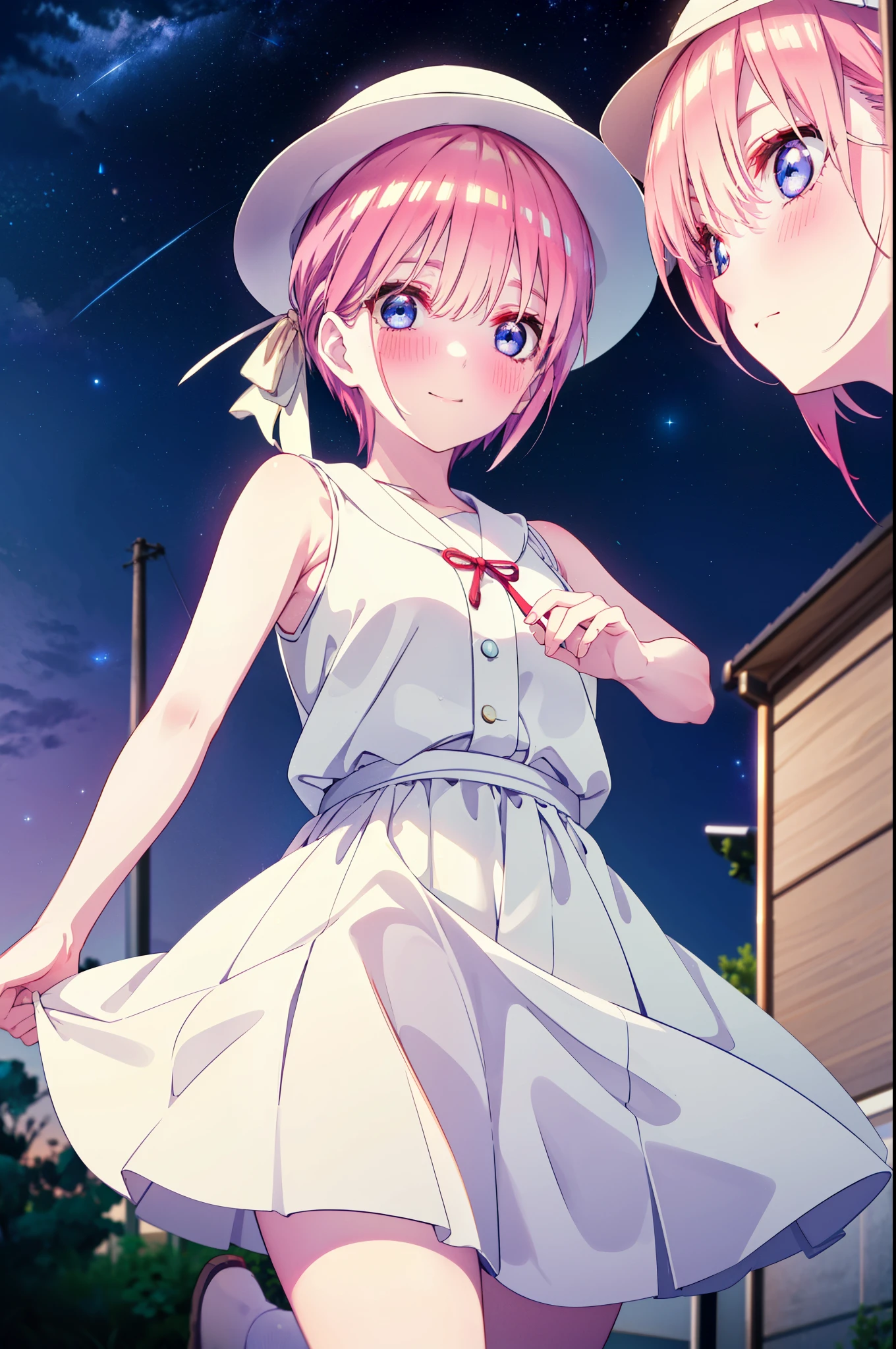 ichikanakano, ichika nakano, short hair, bangs, blue eyes, Hair between the eyes, Pink Hair, Big white hat,smile,Sleeveless white dress,Bare arms,White long skirt,Cute heeled sandals,whole bodyがイラストに入るように,Looking down from above,walk,moonlight,night,ロマンチックなnight景,Starry Sky,shooting star,Looking down from above,
break outdoors, hill,
break looking at viewer, whole body,
break (masterpiece:1.2), highest quality, High resolution, unity 8k wallpaper, (shape:0.8), (Beautiful details:1.6), Highly detailed face, Perfect lighting, Highly detailed CG, (Perfect hands, Perfect Anatomy),