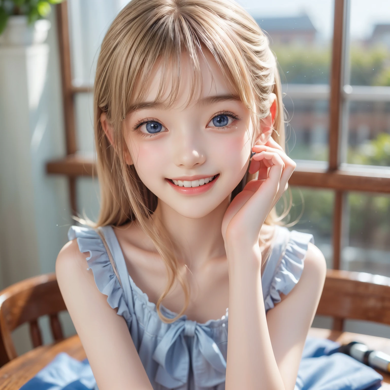 ((sfw: 1.4)), (( detailed face, cute face, detailed face, professional photography)), (((arms down) , (hands down) , master piece , best quality , highly detailed , standing , blouse, skirt , bangs , nice smile, room , indoor)), (( Shiny platinum blonde silk hair, beautiful shiny bangs, big clear sky blue eyes, very beautiful bright eye highlights, 1 Girl)), Ultra High Resolution, (Realistic: 1.4), RAW Photo, Best Quality, (Photorealistic Stick), Focus, Soft Light, ((15 years old)), (( (young face))), (surface), (depth of field), masterpiece, (realistic), woman, bangs, ((1 girl))