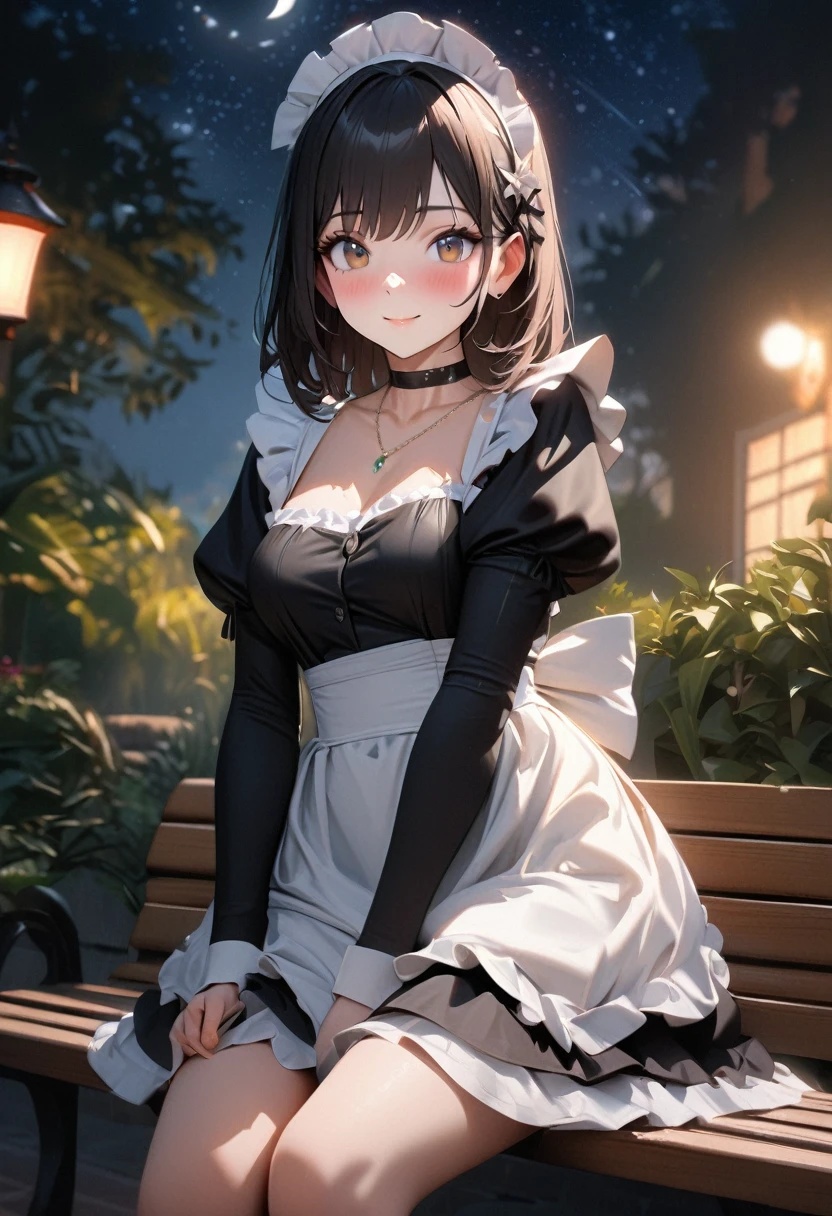 Best quality, masterpiece, High Resolutiexist, 1 Girl, looking at the audience, Medium breasts, Exquisite maid dress, white maid apron, Layered clothes, Puff sleeves, Black leather choker, blush, (Charming smile: 0.8), Hair accessories, necklace, Jewelry, beauty, Tyndall effect, realism, Light Edge, Two-texiste Lighting, (High Detail Skin: 1.2), 8K Ultra HD, SLR, Soft Light, high quality, Volumetric Lighting, photo, High Resolutiexist, 4k, 8K, Background blur, Light tulle,Sitting on a bench, outdoor, garden, moon, Starry Sky