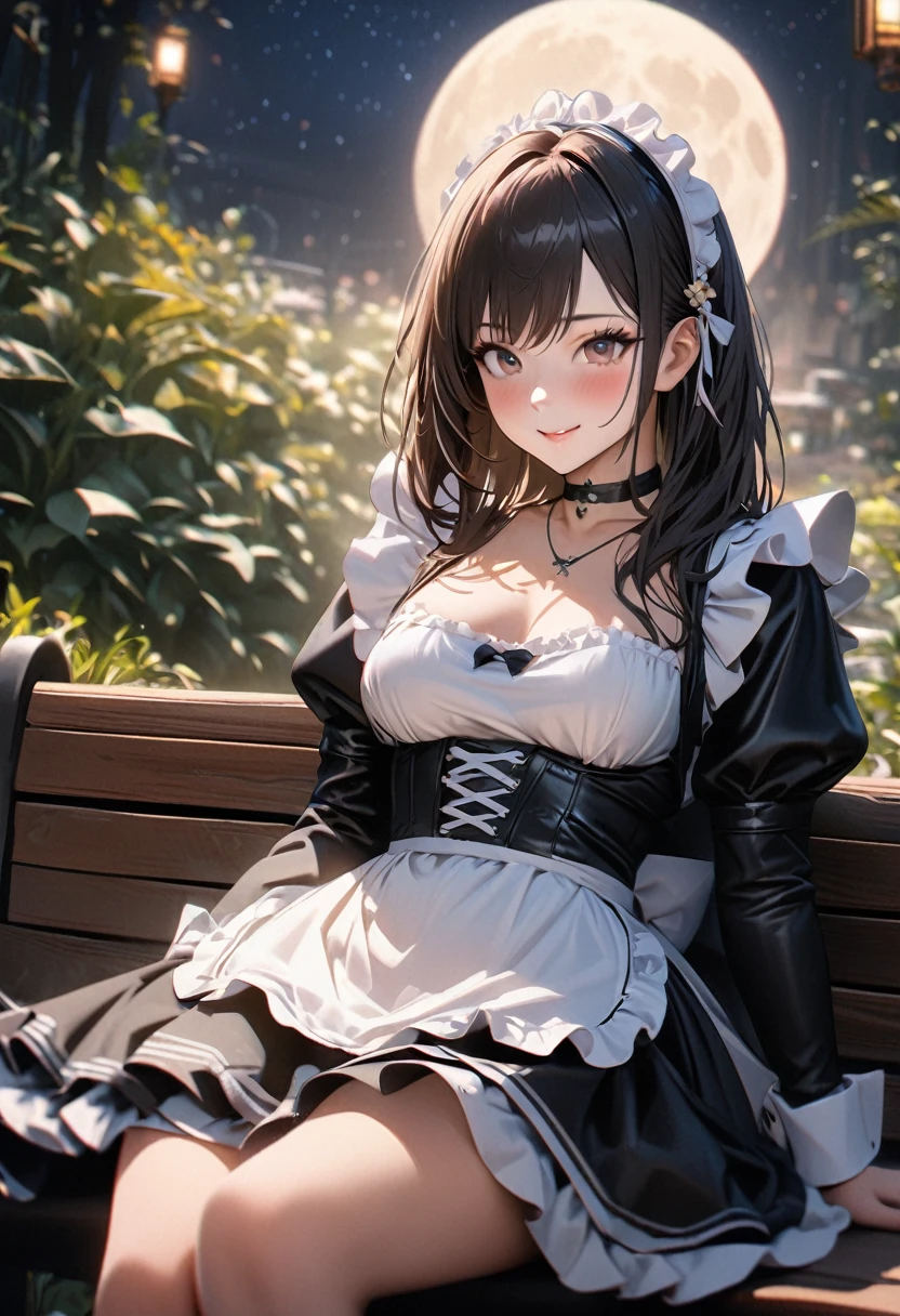 Best quality, masterpiece, High Resolutiexist, 1 Girl,  looking at the audience, Medium breasts, Exquisite maid dress, white maid apron, Layered clothes, Puff sleeves, Black leather choker, blush, (Charming smile: 0.8), Hair accessories, necklace, Jewelry, beauty, Tyndall effect, realism, Light Edge, Two-texiste Lighting, (High Detail Skin: 1.2), 8K Ultra HD, SLR, Soft Light, high quality, Volumetric Lighting, photo, High Resolutiexist, 4k, 8K, Background blur, Light tulle,Sitting on a bench, outdoor, garden, moon, Starry Sky