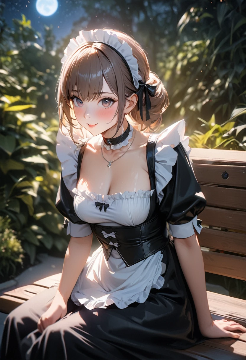Best quality, masterpiece, High Resolutiexist, 1 Girl, looking at the audience, Medium breasts, Exquisite maid dress, white maid apron, Layered clothes, Puff sleeves, Black leather choker, blush, (Charming smile: 0.8), Hair accessories, necklace, Jewelry, beauty, Tyndall effect, realism, Light Edge, Two-texiste Lighting, (High Detail Skin: 1.2), 8K Ultra HD, SLR, Soft Light, high quality, Volumetric Lighting, photo, High Resolutiexist, 4k, 8K, Background blur, Light tulle,Sitting on a bench, outdoor, garden, moon, Starry Sky