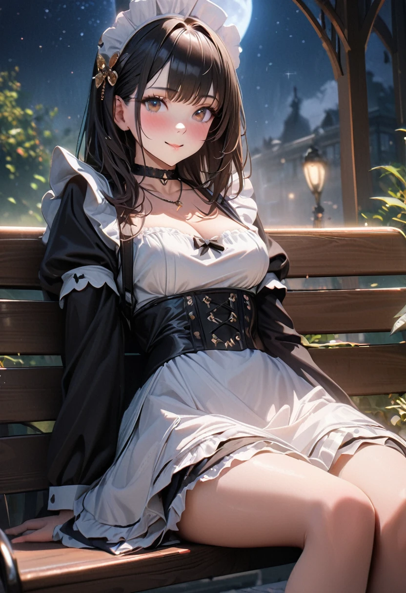Best quality, masterpiece, High Resolutiexist, 1 Girl, looking at the audience, Medium breasts, Exquisite maid dress, white maid apron, Layered clothes, Puff sleeves, Black leather choker, blush, (Charming smile: 0.8), Hair accessories, necklace, Jewelry, beauty, Tyndall effect, realism, Light Edge, Two-texiste Lighting, (High Detail Skin: 1.2), 8K Ultra HD, SLR, Soft Light, high quality, Volumetric Lighting, photo, High Resolutiexist, 4k, 8K, Background blur, Light tulle,Sitting on a bench, outdoor, garden, moon, Starry Sky