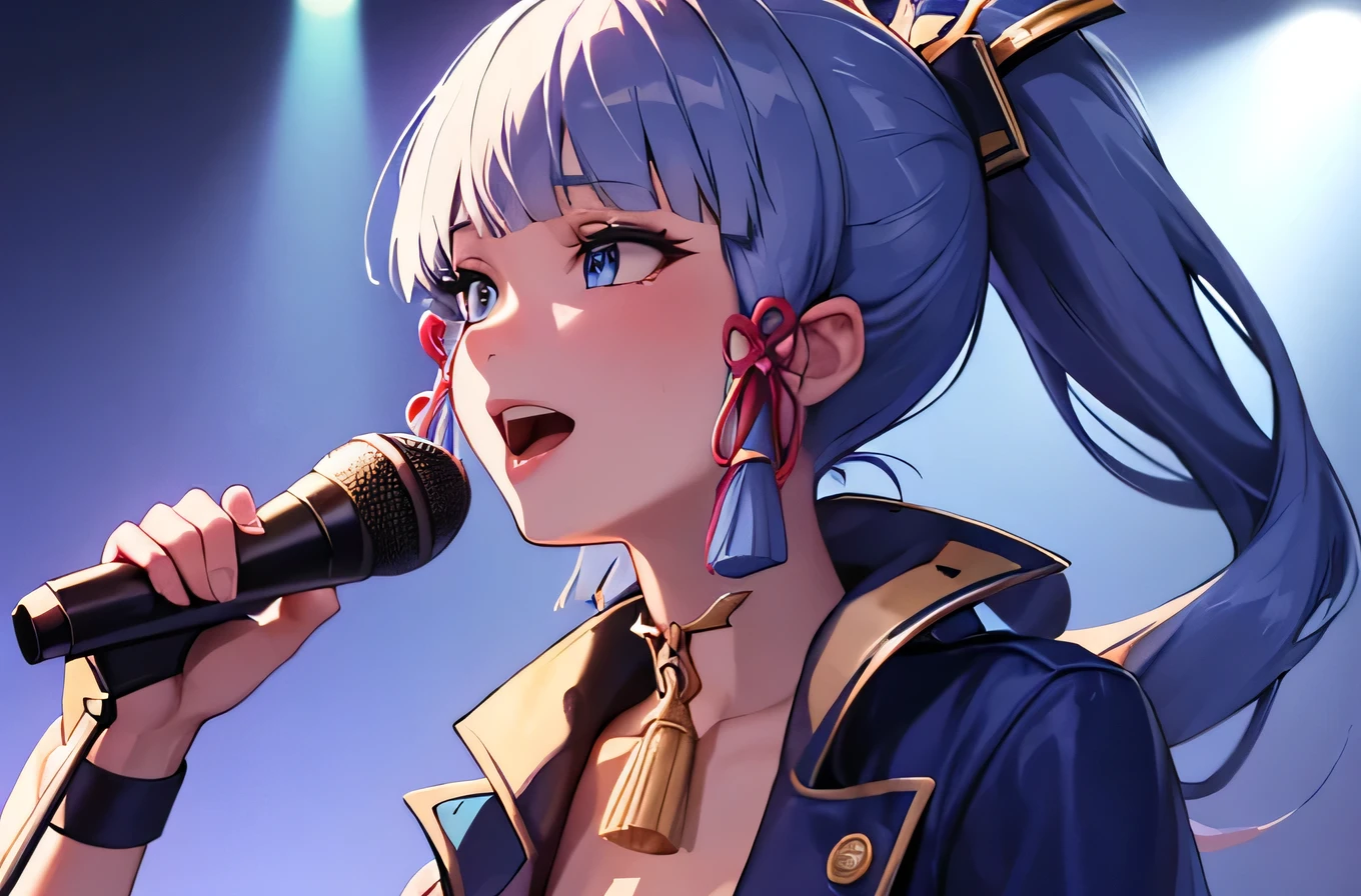 high resolution, top-quality, ultra-quality, The ultra-detailliert, perfect anatomy, lighting like a movie, lips, a beautiful young woman (kamisato ayaka) singing karaoke, singing, open mouth, blue hair, long ponytail, bangs, blue eyes, cowboy shot, spotlight lightning, good mood, mic stands, stage, stage vibes, concert