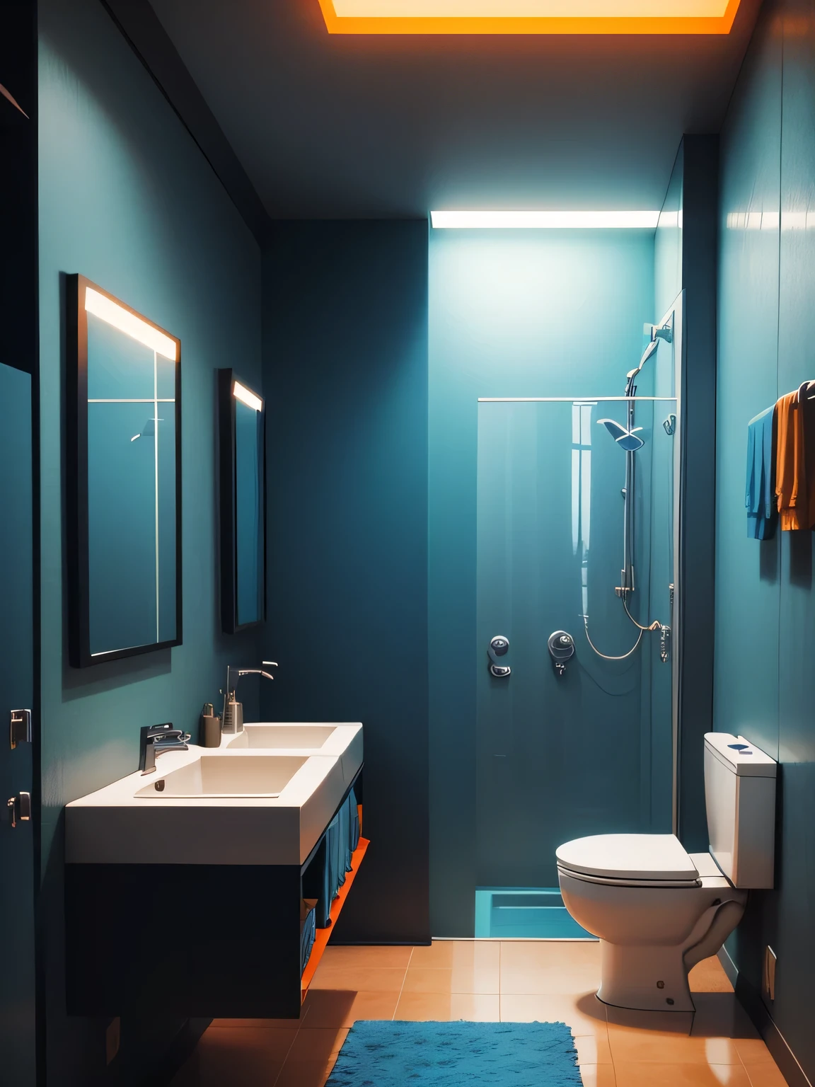 cyberpunk, apartment, bathroom, blue and orange tones, gloomy, ((retrofuturism)), realism, wide frame, high quality, masterpiece