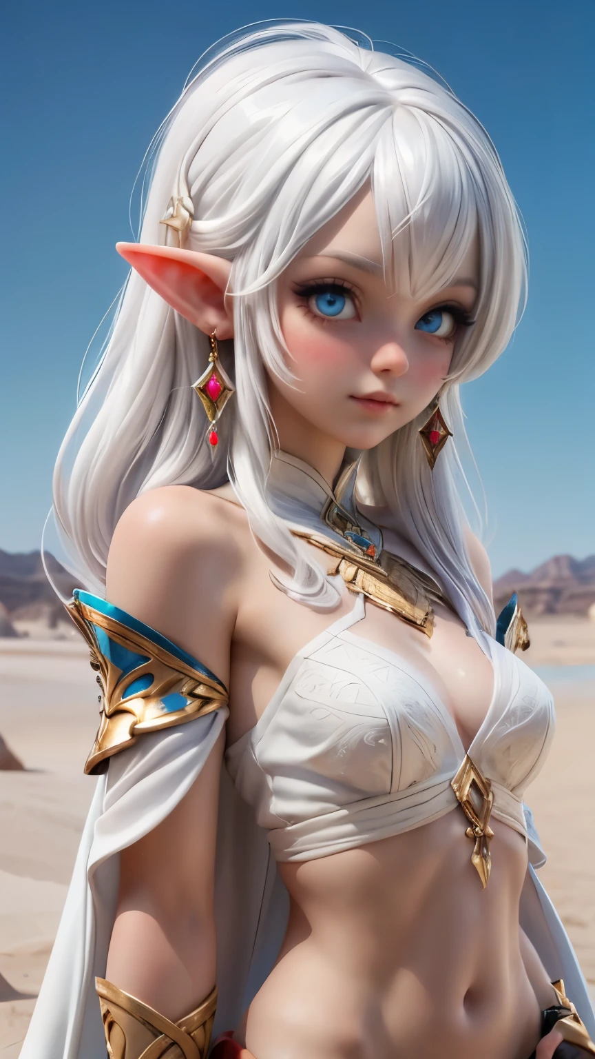 Ariel, upper body portrait, elf, white hair, beautiful, cute arabian clothes, warrior, midriff, fit, white hair, desert background, realistic fantasy ,concept art