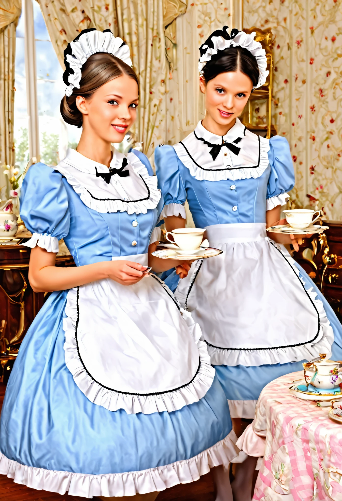 (best quality, masterpiece, highres:1.2), detailed, Preparations for the tea party, ladies in Maid Outfits, working busily but gracefully,