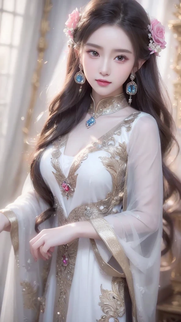 a close up of a woman with long hair wearing a white dress, a beautiful fantasy empress, beautiful and elegant elf queen, ((a beautiful fantasy empress)), palace ， a girl in hanfu, beautiful elven princess, beautiful character painting, ethereal beauty, beautiful anime portrait, 8k high quality detailed art, fantasy art style, beautiful anime girl, beautiful fantasy maiden