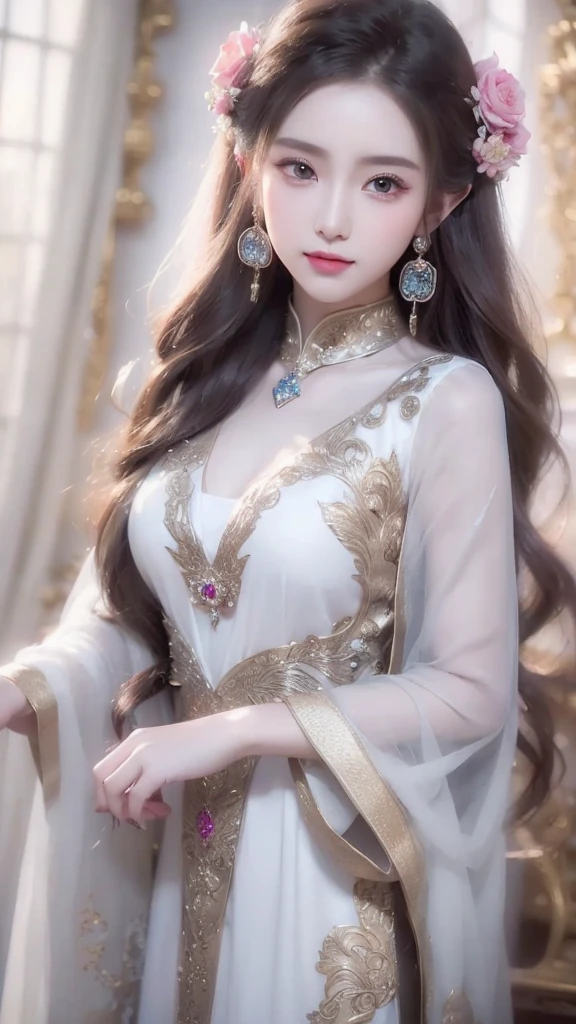 a close up of a woman with long hair wearing a white dress, a beautiful fantasy empress, beautiful and elegant elf queen, ((a beautiful fantasy empress)), palace , a girl in hanfu, beautiful elven princess, beautiful character painting, ethereal beauty, beautiful anime portrait, 8k high quality detailed art, fantasy art style, beautiful anime girl, beautiful fantasy maiden