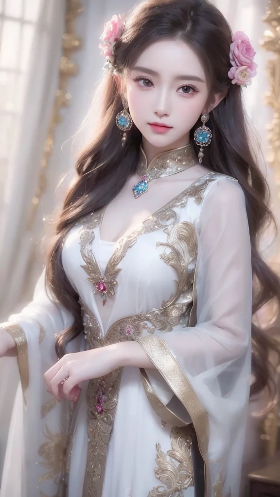 a close up of a woman with long hair wearing a white dress, a beautiful fantasy empress, beautiful and elegant elf queen, ((a beautiful fantasy empress)), palace ， a girl in hanfu, beautiful elven princess, beautiful character painting, ethereal beauty, beautiful anime portrait, 8k high quality detailed art, fantasy art style, beautiful anime girl, beautiful fantasy maiden