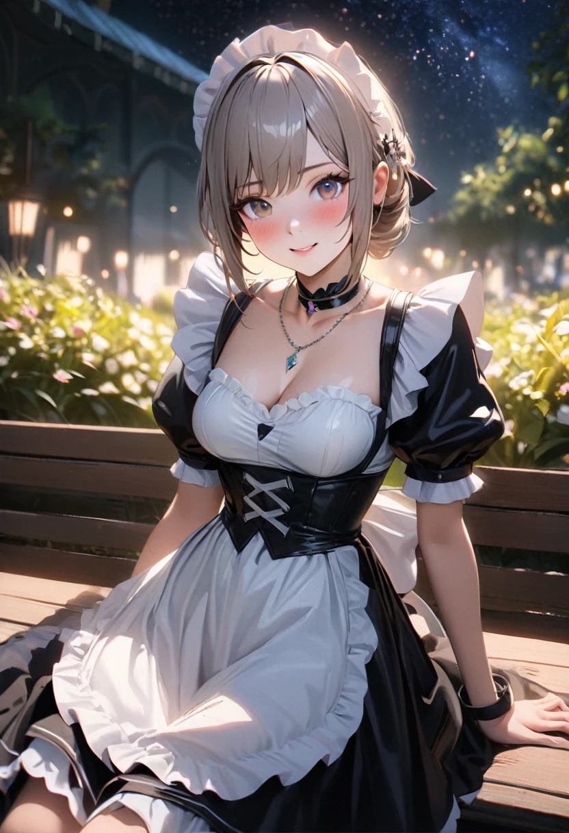 Best quality, masterpiece, High Resolutiexist, 1 Girl, looking at the audience, Medium breasts, Exquisite maid dress, white maid apron, Layered clothes, Puff sleeves, Black leather choker, blush, (Charming smile: 0.8), Hair accessories, necklace, Jewelry, beauty, Tyndall effect, realism, Light Edge, Two-texiste Lighting, (High Detail Skin: 1.2), 8K Ultra HD, SLR, Soft Light, high quality, Volumetric Lighting, photo, High Resolutiexist, 4k, 8K, Background blur, Light tulle,Sitting on a bench, outdoor, garden, Starry Sky