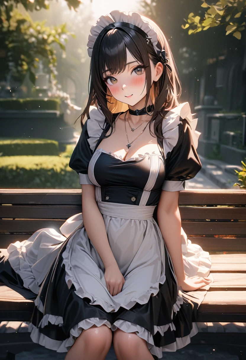 Best quality, masterpiece, High Resolutiexist, 1 Girl, looking at the audience, Medium breasts, Exquisite maid dress, white maid apron, Layered clothes, Puff sleeves, Black leather choker, blush, (Charming smile: 0.8), Hair accessories, necklace, Jewelry, beauty, Tyndall effect, realism, Light Edge, Two-texiste Lighting, (High Detail Skin: 1.2), 8K Ultra HD, SLR, Soft Light, high quality, Volumetric Lighting, photo, High Resolutiexist, 4k, 8K, Background blur, Light tulle,Sitting on a bench, outdoor, garden, Starry Sky