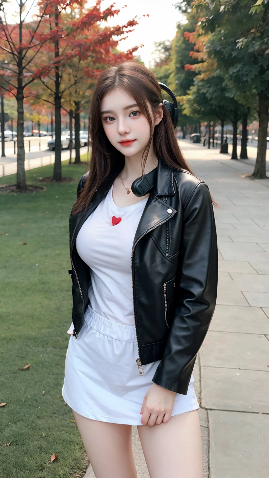Gorgeus Girl, Beautiful, , 20 Years Old, White Skin, pale skin, large breast, Beside, Sexy Pose, long red t-shirt,, Bokeh, park Background, Masterpiece, asking for a hug, full body Shot, open arms, black Leather Jacket Long Sleeve Zipper, wireless headset
