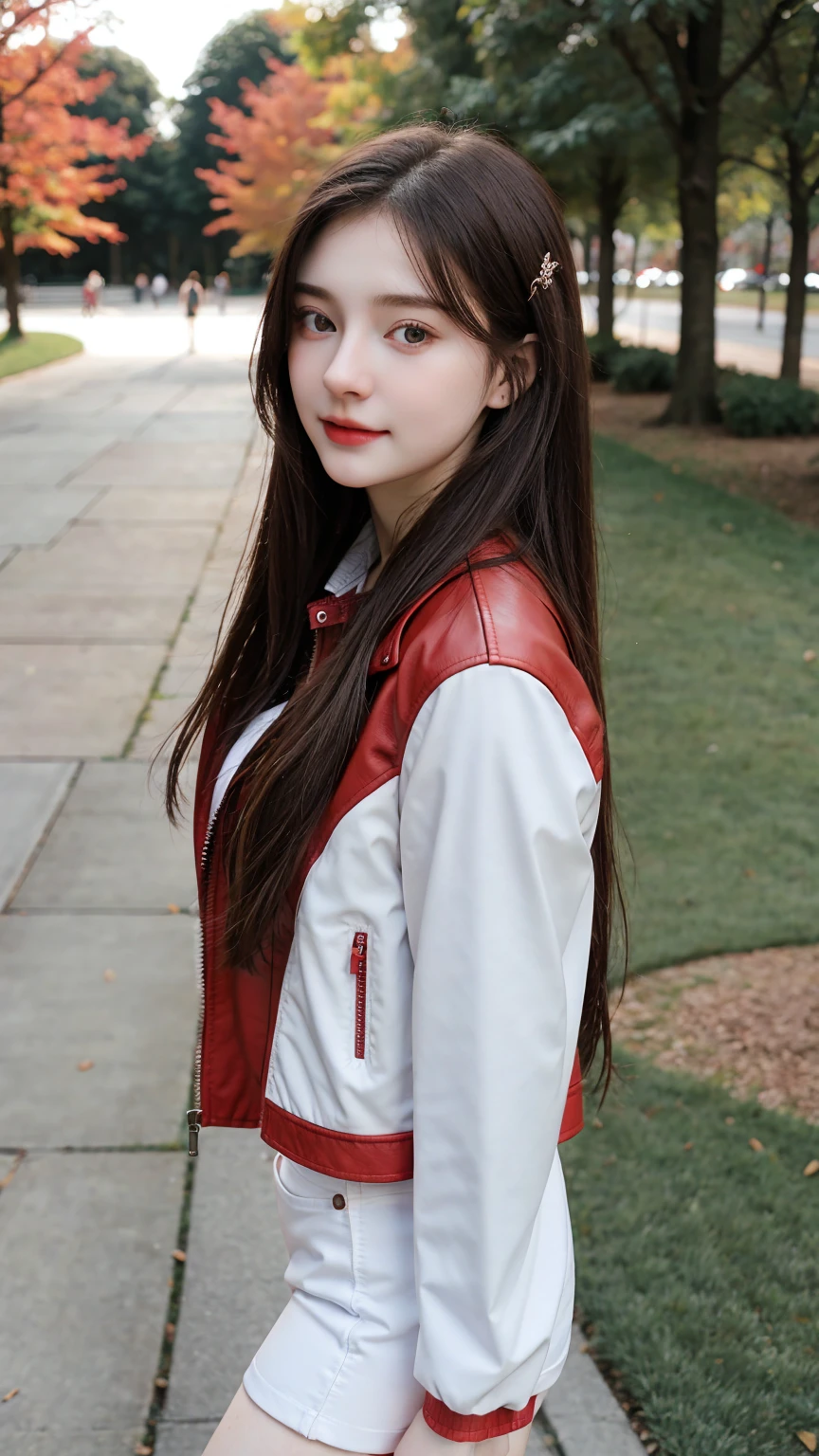 Gorgeus Girl, Beautiful, Baby Face, 20 Years Old, White Skin, pale skin, large breast, Beside, Sexy Pose, long red t-shirt,, Bokeh, park Background, Masterpiece, asking for a hug, full body Shot, open arms, black Leather Jacket Long Sleeve Zipper, wireless headset